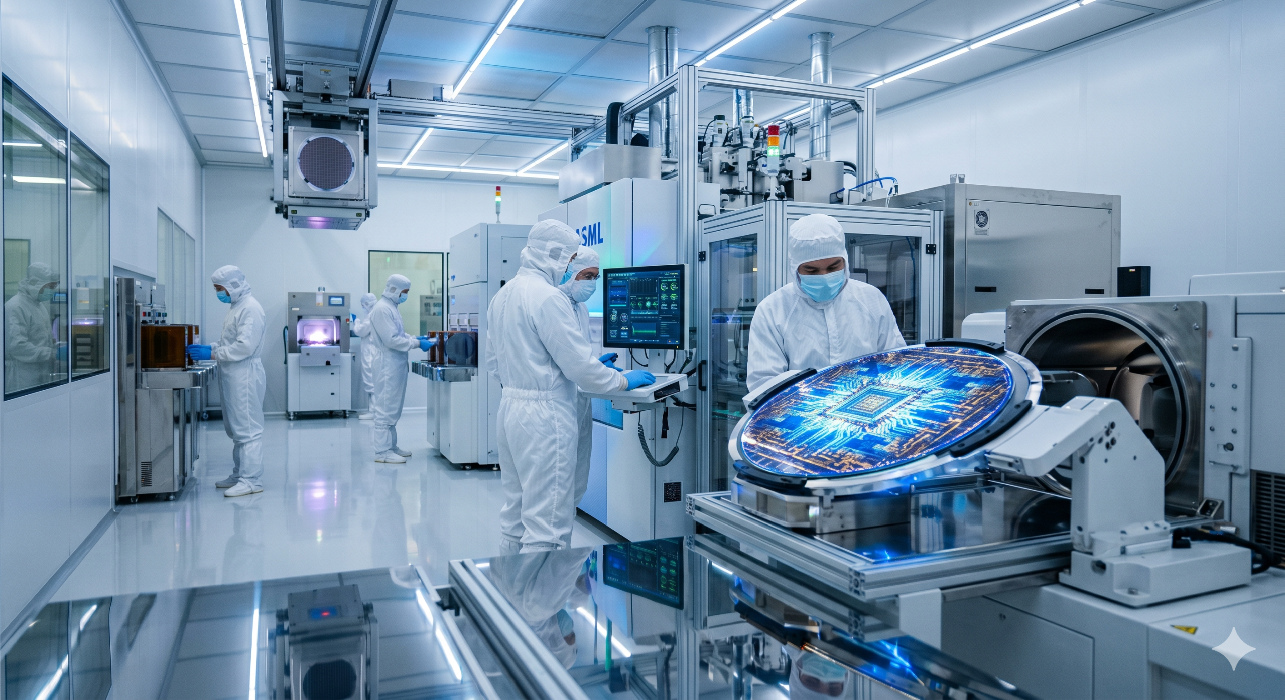 Engineers in full bunny suits operate an ASML lithography machine and examine a glowing blue patterned silicon wafer inside a modern semiconductor fabrication facility in 2026.