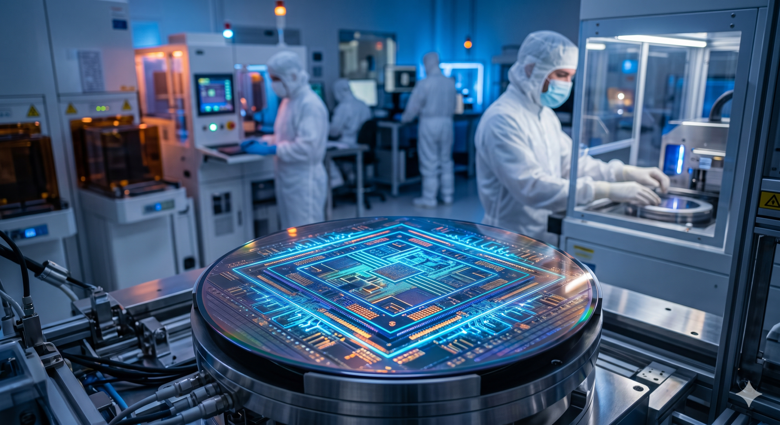 A close-up view of a circular semiconductor wafer inside a high-tech cleanroom facility, featuring vibrant blue and gold glowing patterns that represent microchip circuitry, being processed on automated equipment. Engineers in full white cleanroom suits and masks are working at workstations in the background.