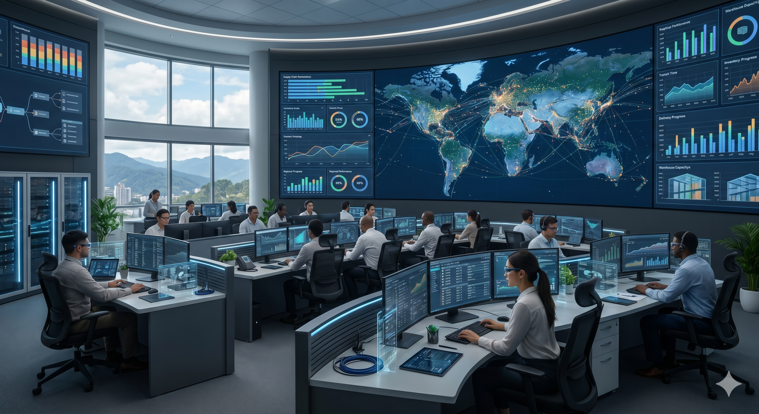 A wide-angle, photorealistic image of a futuristic global logistics control center in 2026. A massive curved video wall displays a world map with real-time, glowing shipping routes and charts. Numerous professionals in business casual sit at modern workstations with multiple monitors, analyzing data. The background features large windows overlooking mountains. The lighting is cinematic, and the scene is ultra-detailed at 8K resolution.