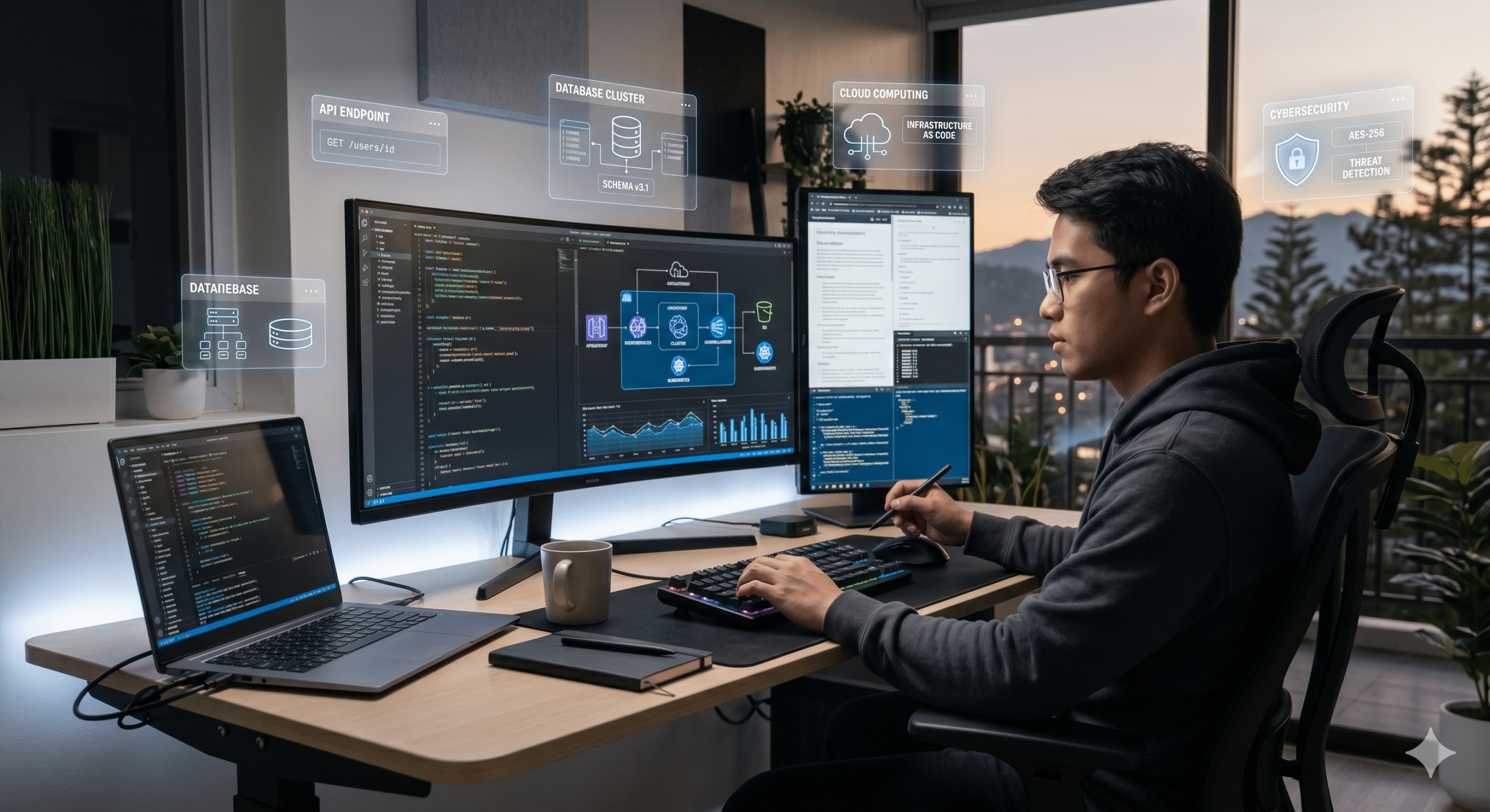Software developer analyzing code with multiple monitors showing API, database, cloud computing, and cybersecurity concepts