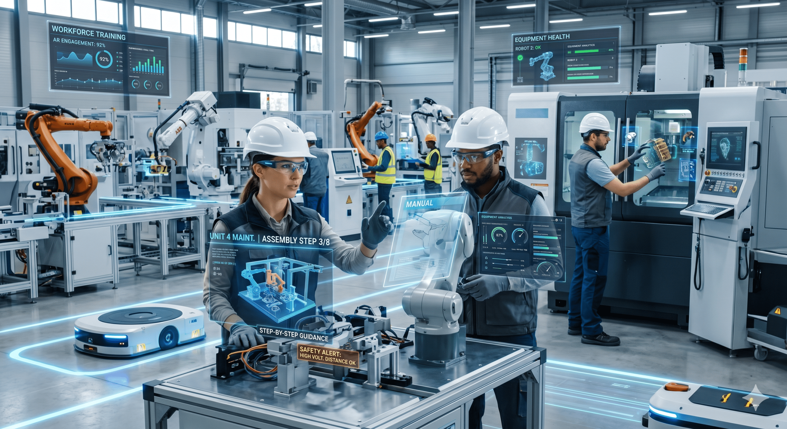 Industrial workers using augmented reality training systems in a smart factory with AI-powered manufacturing technology
