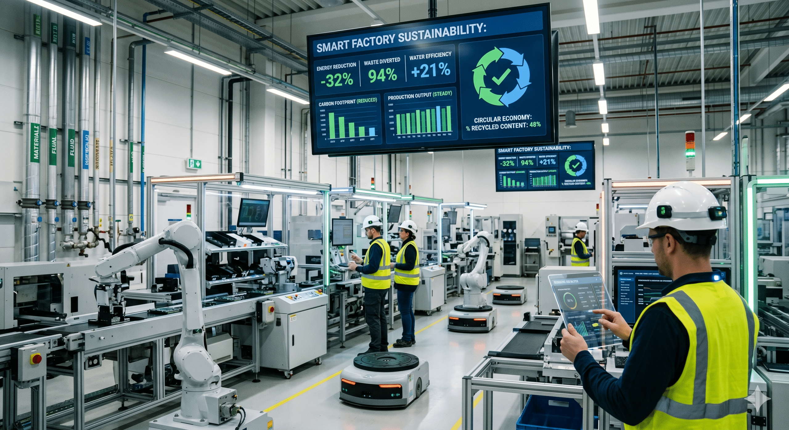 Industrial engineers monitoring smart factory automation systems and sustainability dashboards for ESG in Manufacturing and energy efficiency improvements