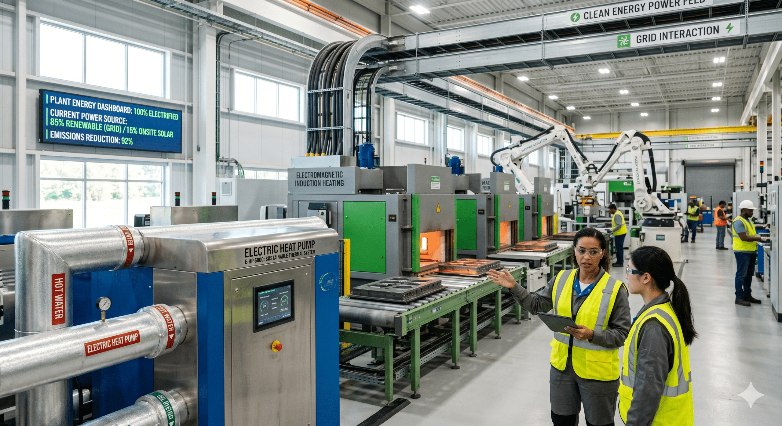 Modern electrified manufacturing facility using electric heat pumps, induction heating, and smart energy systems for industrial sustainability