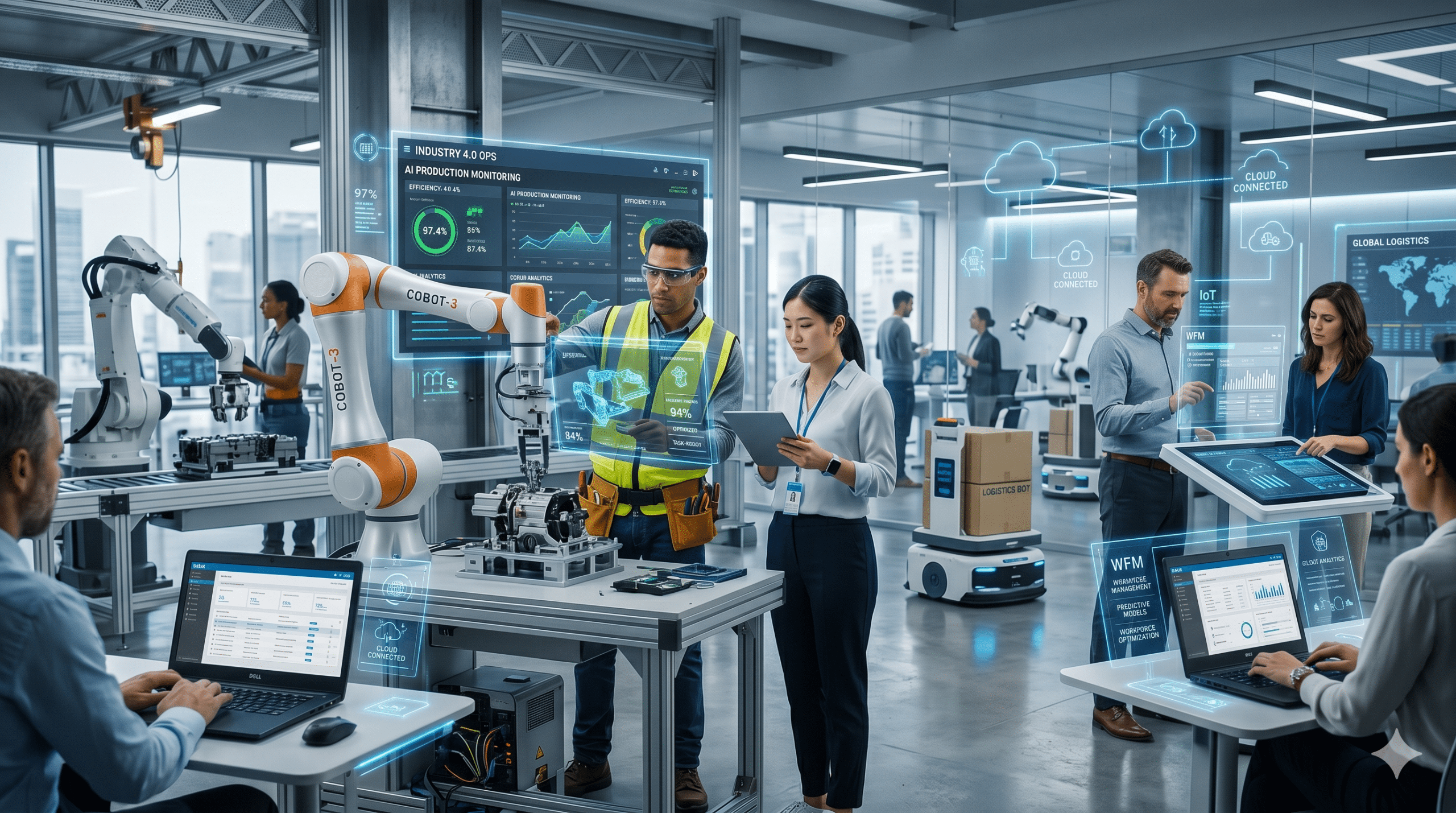 Human-machine collaboration in a smart workplace with AI systems, collaborative robots, and digital workforce technology