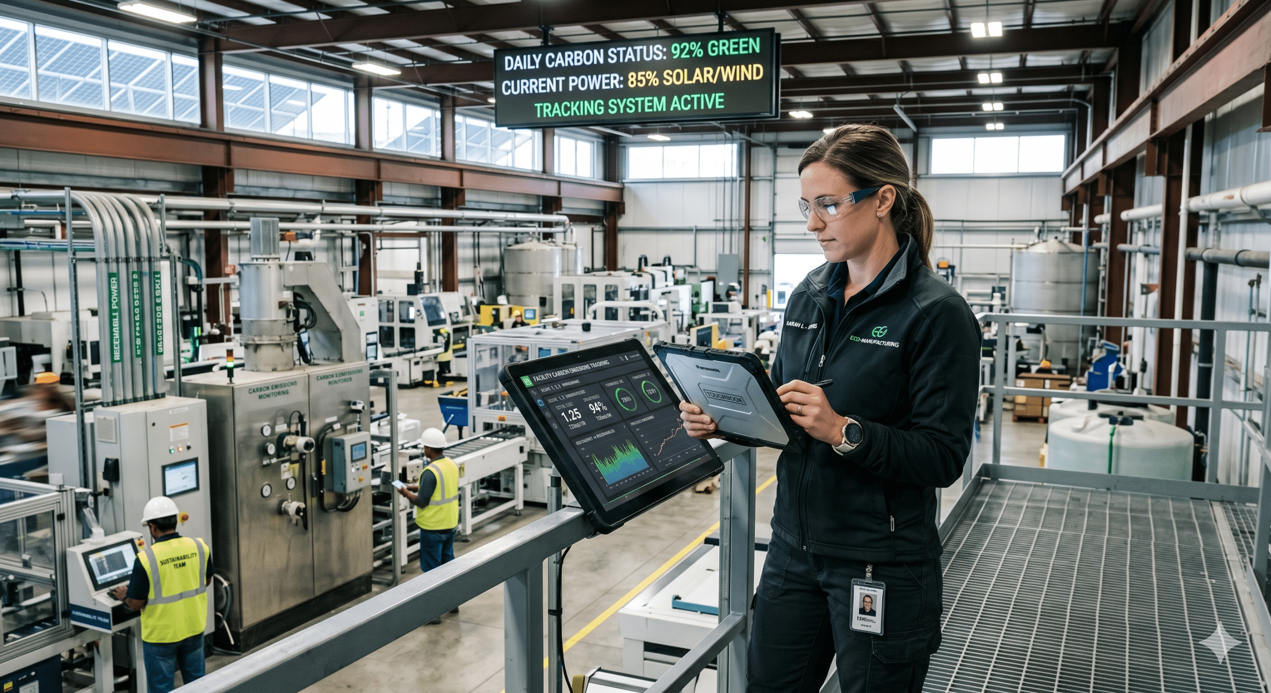 Industrial engineer using a digital carbon tracking dashboard inside a modern sustainable manufacturing facility powered by renewable energy systems.