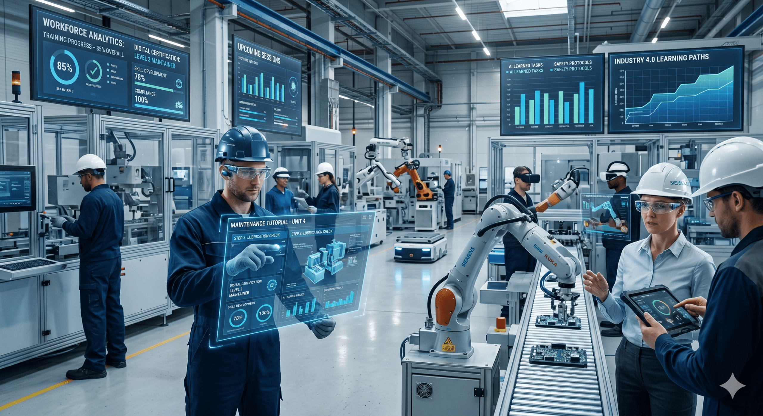 Industrial workers using AI-powered training platforms and virtual learning technology inside a smart manufacturing facility