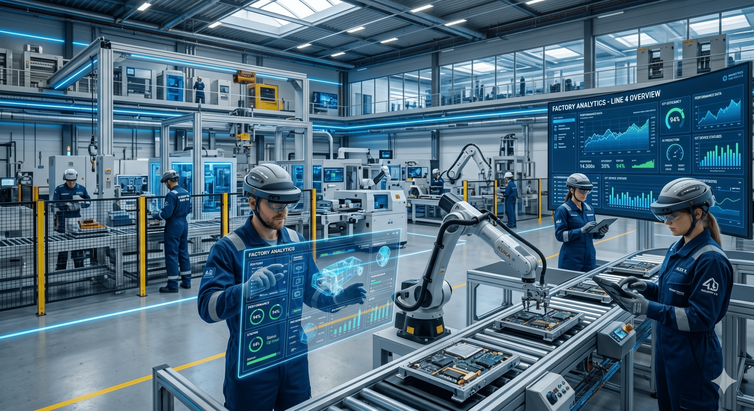 Industrial workers using AI-powered workforce systems and robotic automation inside a smart manufacturing factory