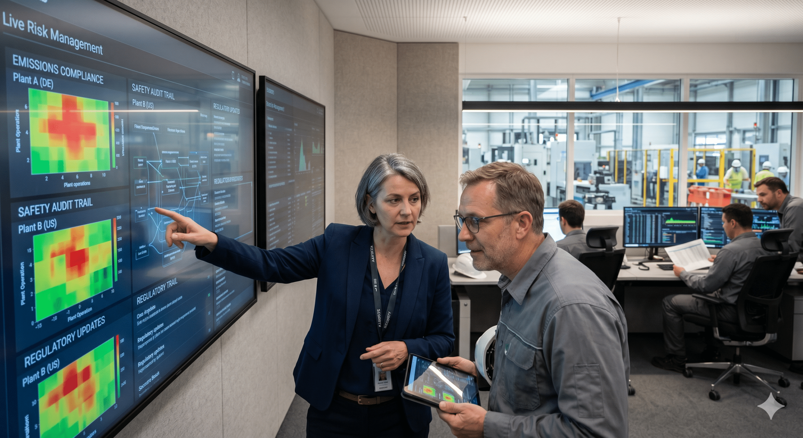 Industrial engineers reviewing Regulatory Compliance Tech dashboards for emissions compliance, safety audits, and live risk management in a modern manufacturing facility
