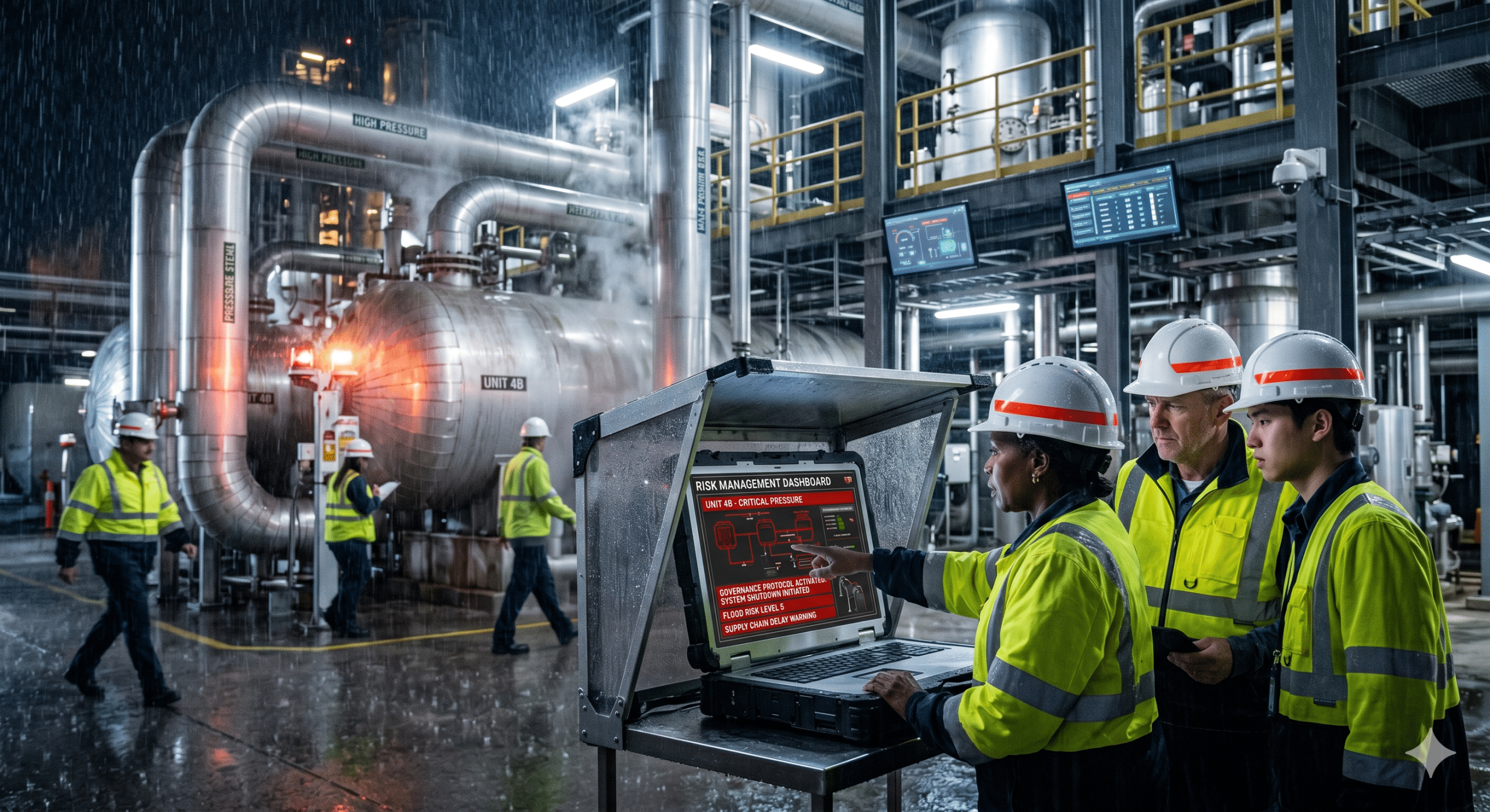Industrial workers using Risk Management Systems dashboard inside a modern manufacturing plant during heavy rain and operational monitoring