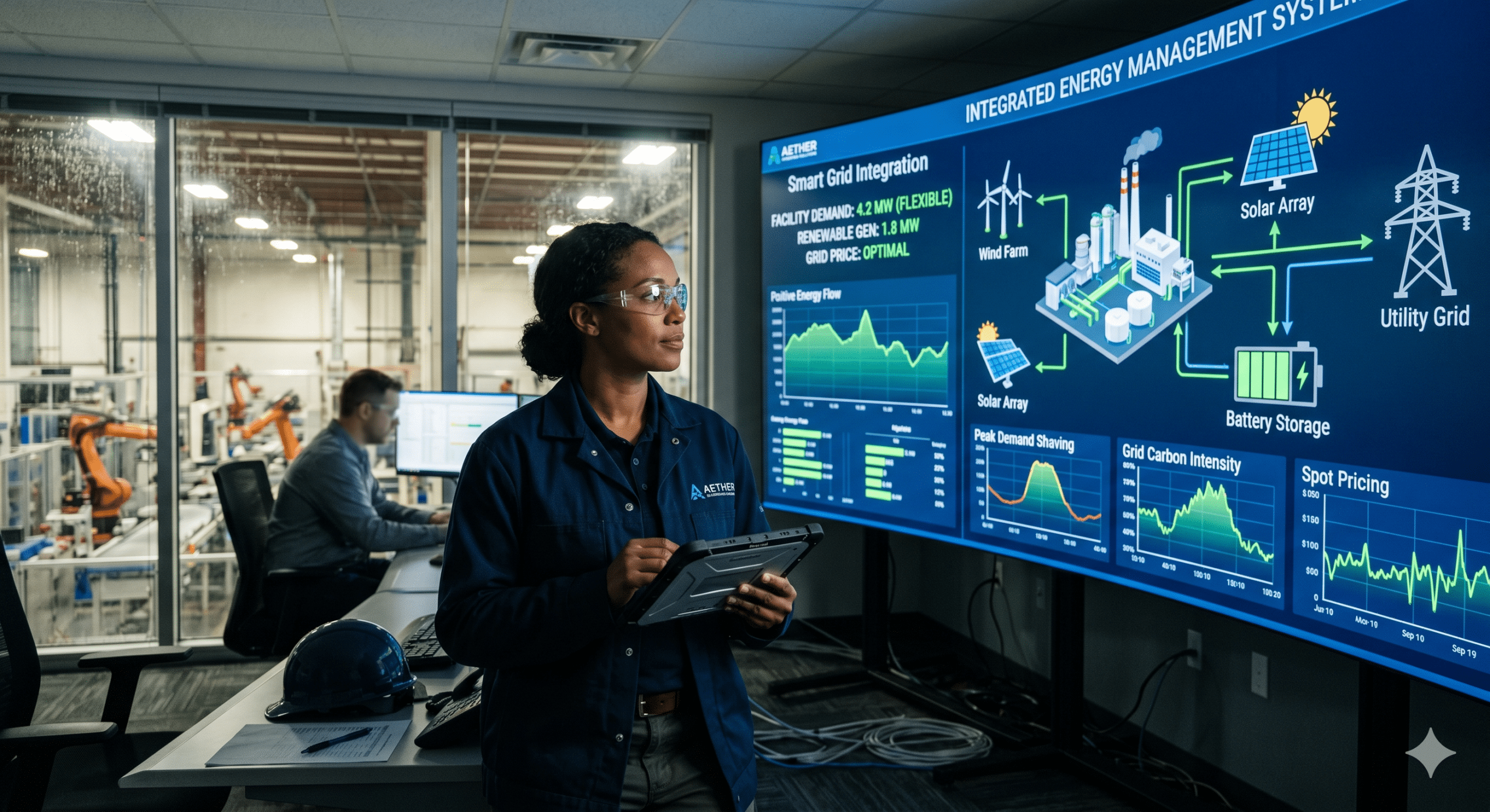 Industrial engineer monitoring Smart Grid Integration system for sustainable energy management in a modern manufacturing facility