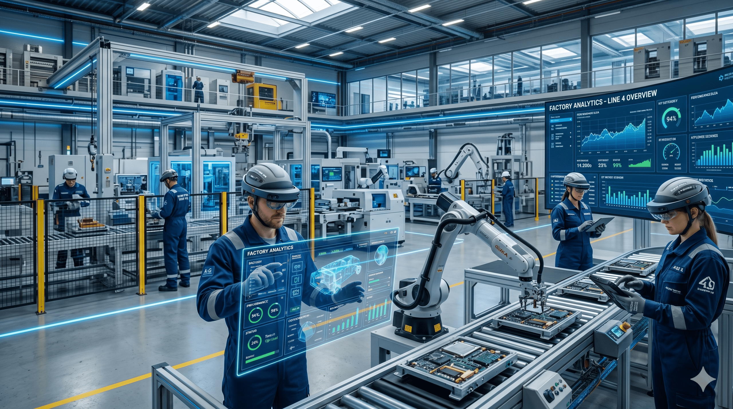 Modern workforce management system with AI analytics and smart factory automation in a high-tech industrial environment