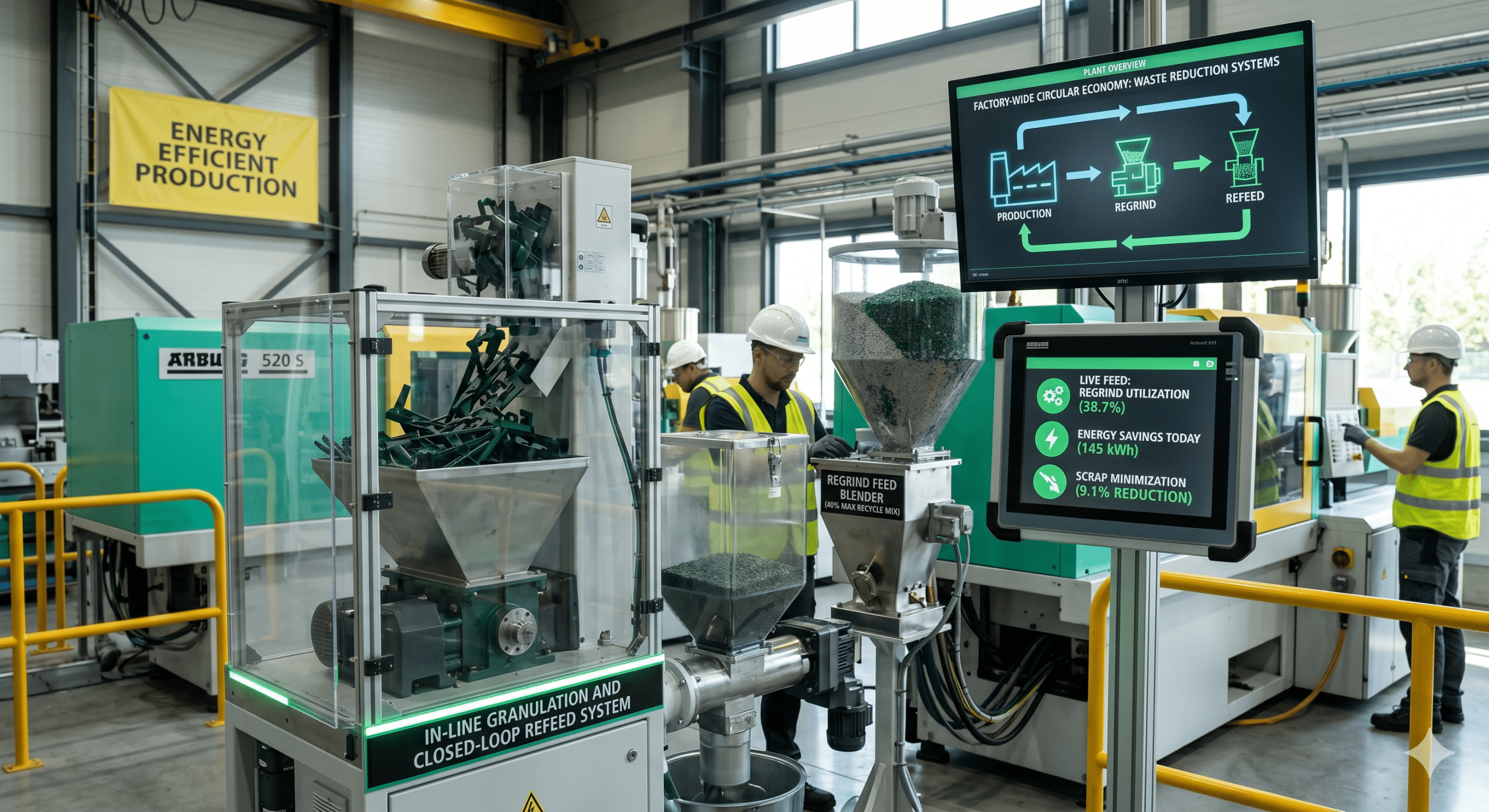 Modern industrial facility using Waste Reduction Systems with energy-efficient production machines, recycling equipment, and sustainability monitoring displays