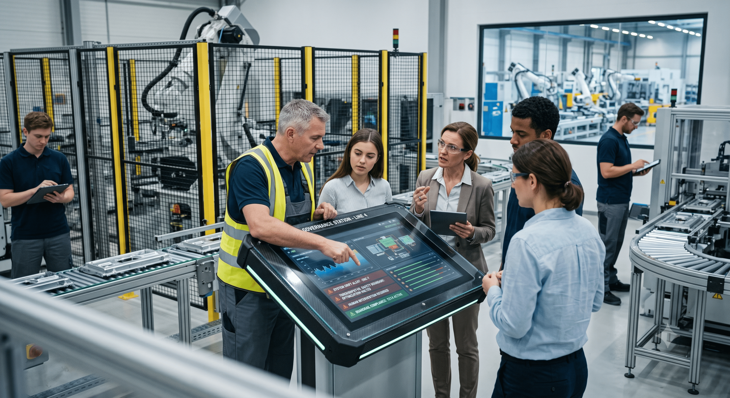 Autonomous system liability review in a smart manufacturing facility with engineers and managers analyzing AI governance, automated production systems, compliance dashboards, and operational risks during a factory team meeting.