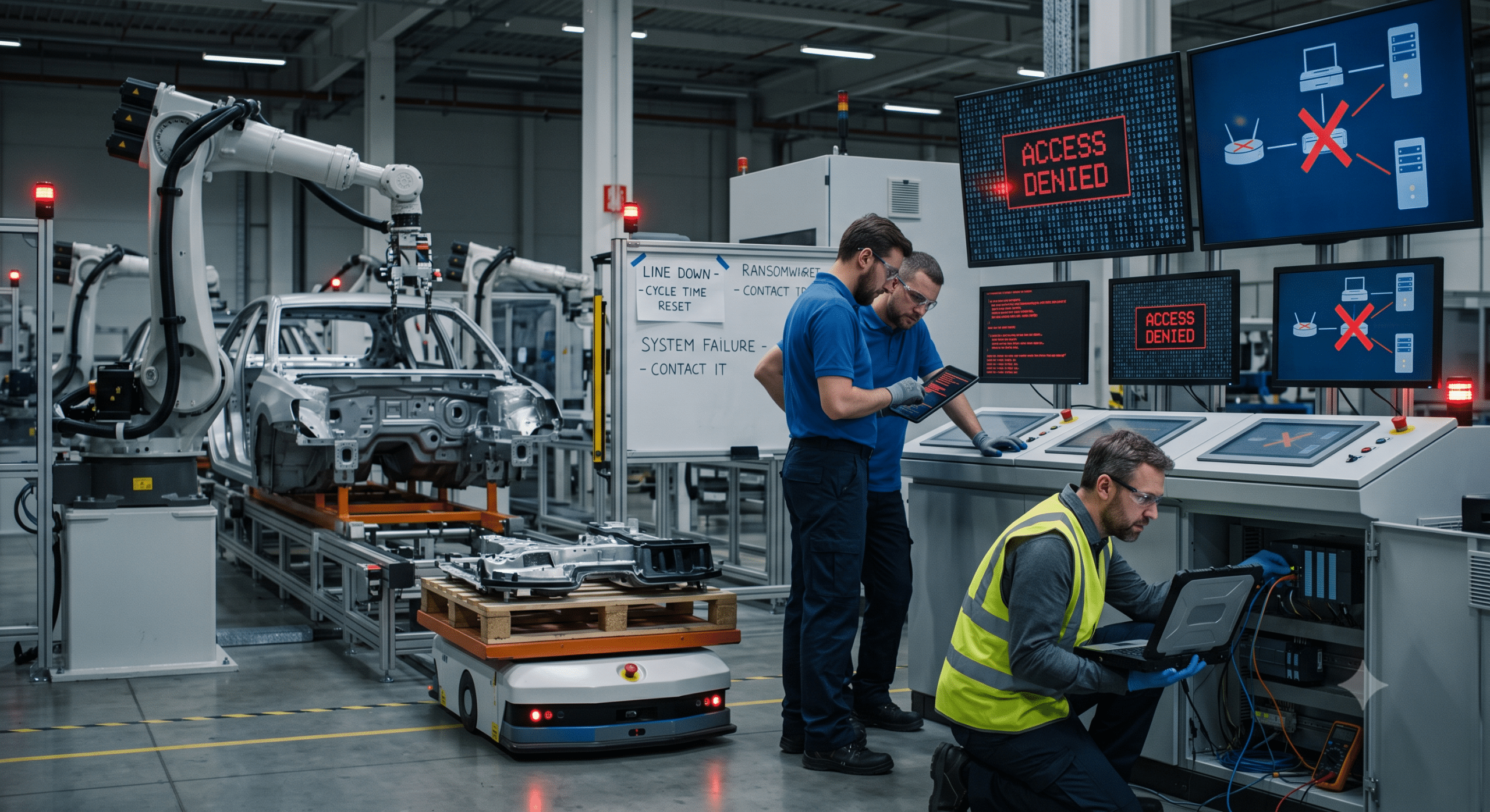 Industrial cyber attack causing production stoppage and a system failure message in a factory.
