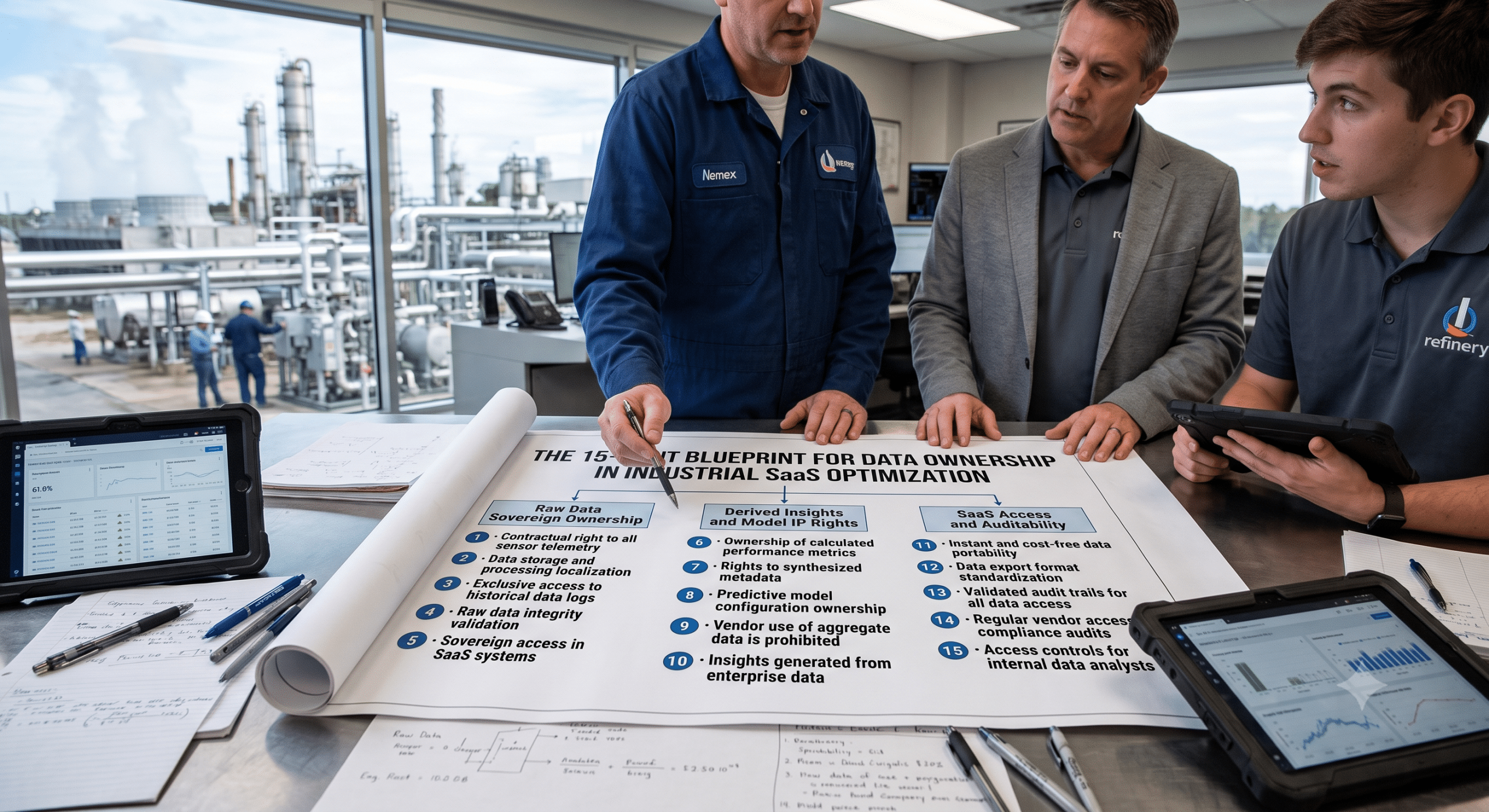 Data ownership in Industrial SaaS illustrated by refinery engineers reviewing governance plans, analytics dashboards, and data ownership policies for industrial software, operational data, compliance, and secure information management.