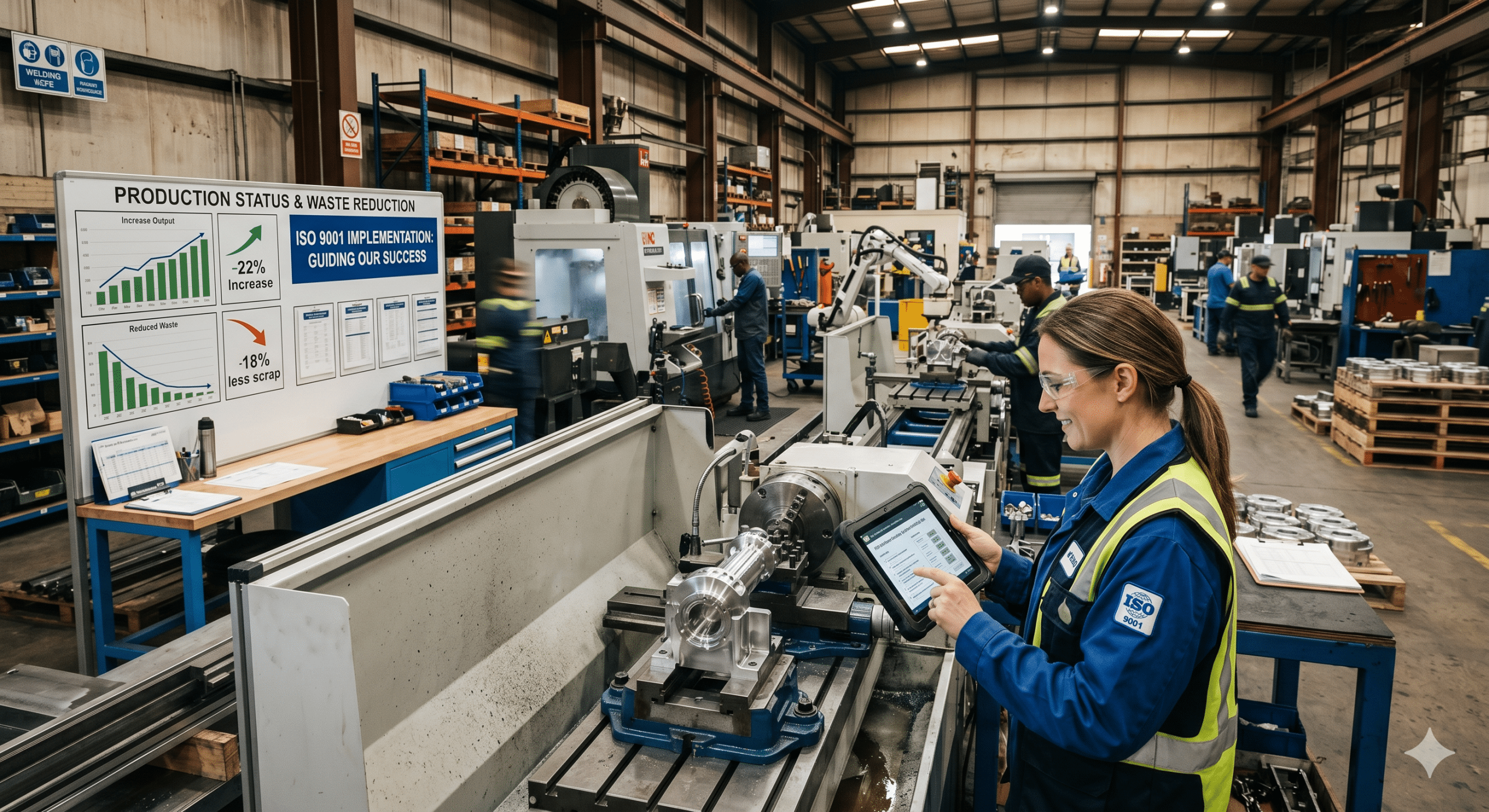 Industrial workers using an ISO 9001 implementation system in a manufacturing facility to improve production efficiency, reduce waste, and monitor quality performance.