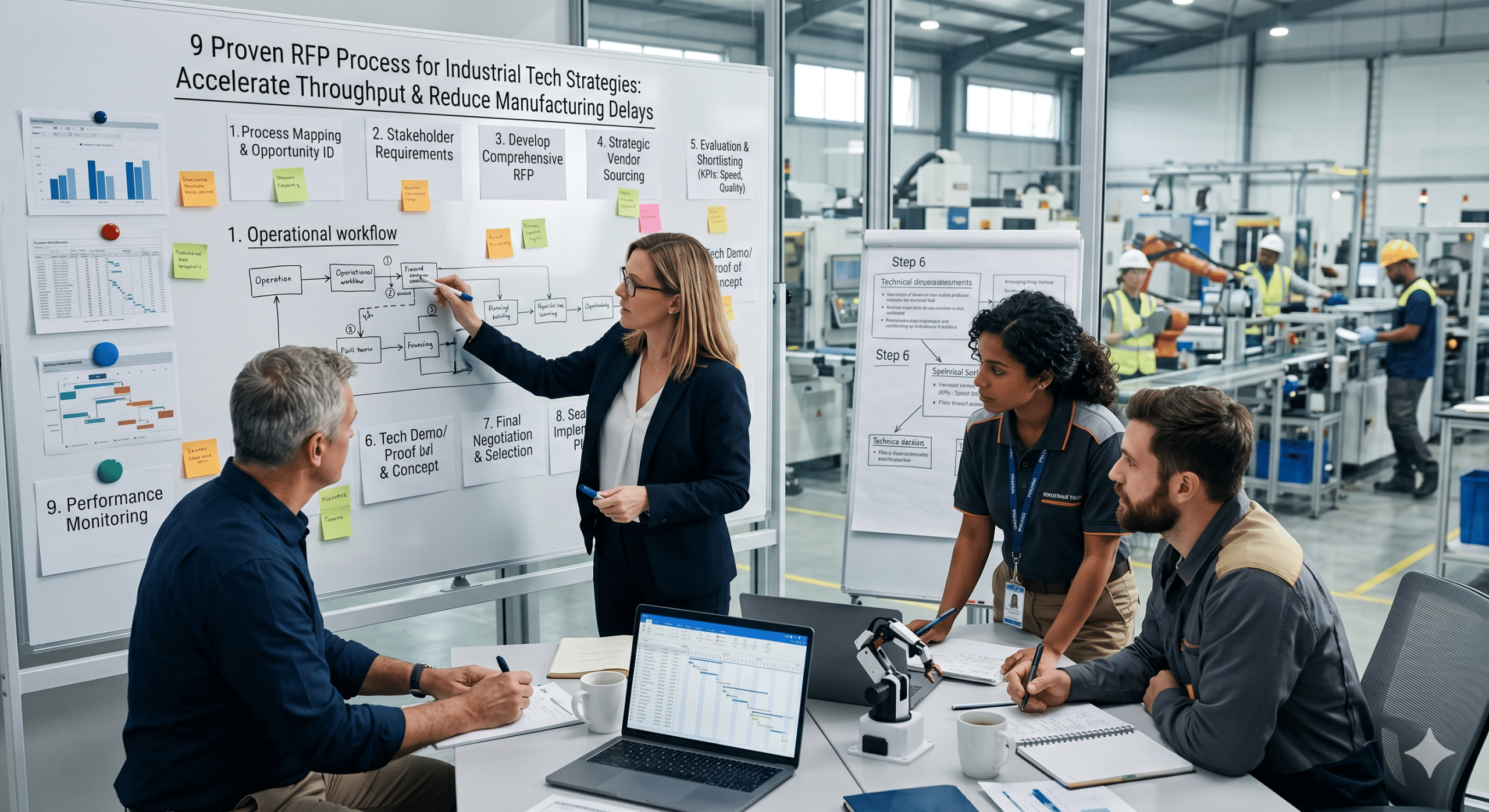 Industrial technology RFP process meeting with procurement, engineering, and manufacturing teams evaluating vendor selection strategies to improve throughput and reduce production delays in a modern factory environment.