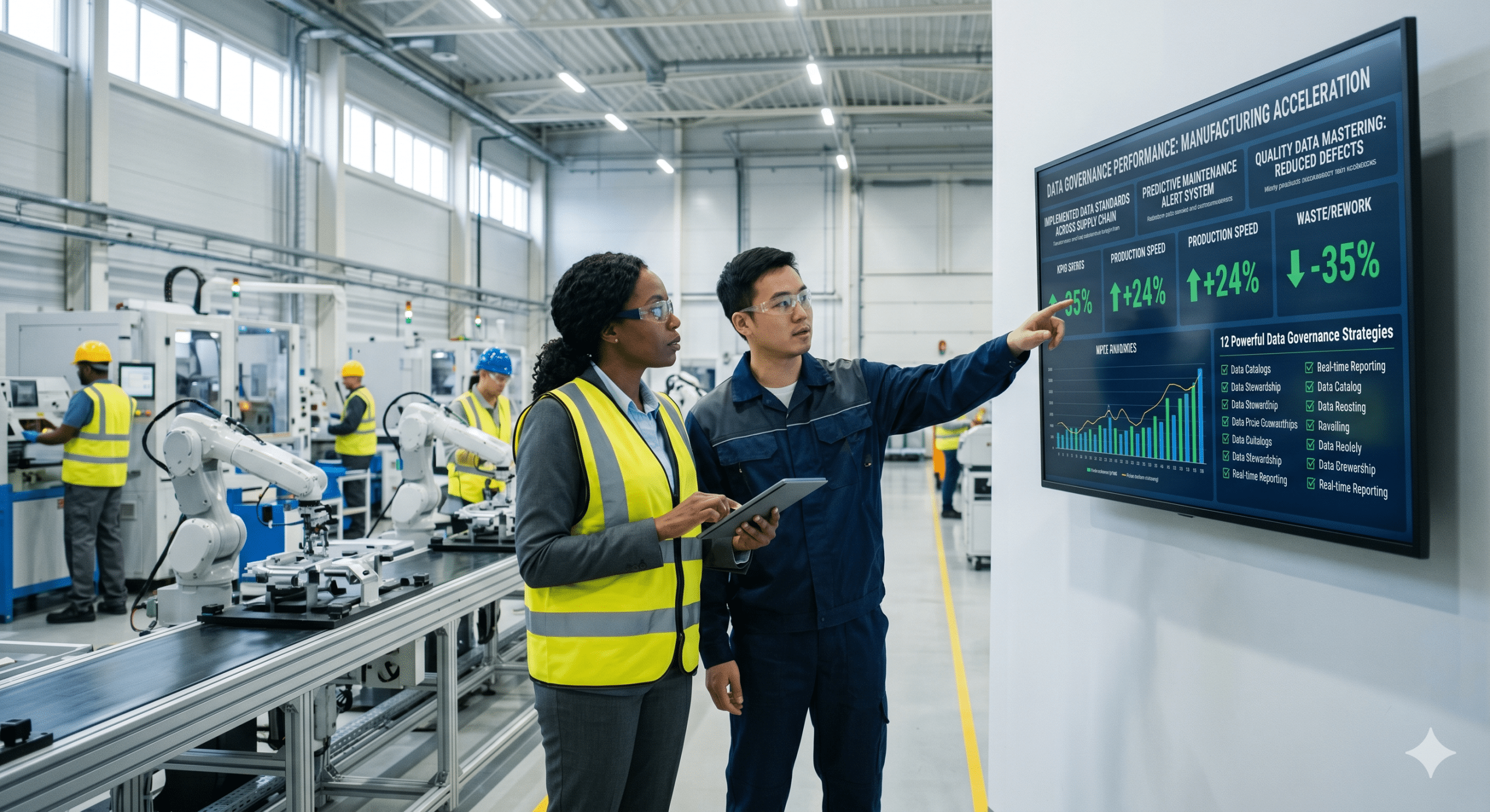 Manufacturing data management dashboard displayed in a smart factory as engineers monitor production performance, quality metrics, and operational efficiency.