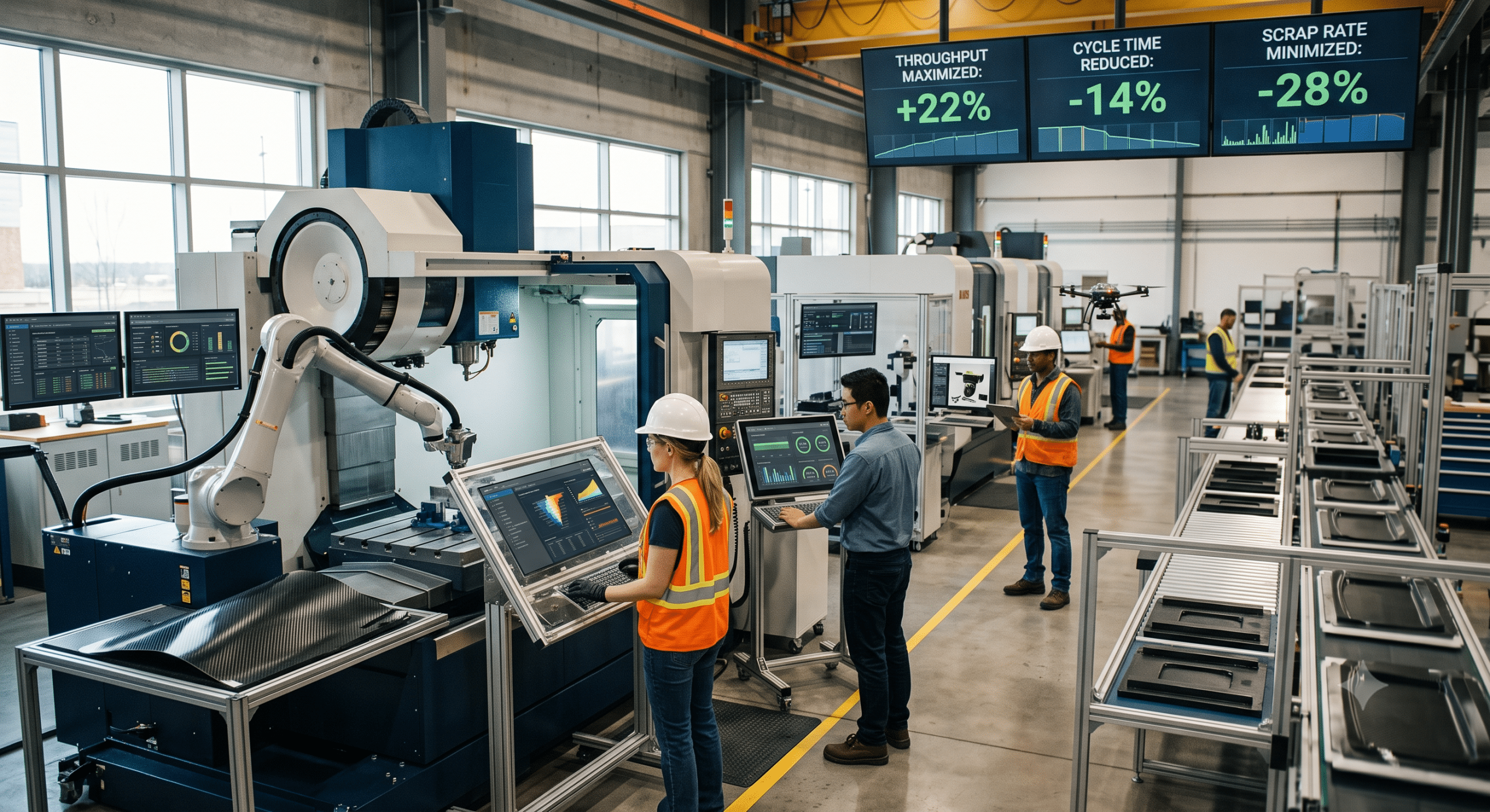 Responsible automation in a smart manufacturing facility with engineers monitoring robotic machining systems, real-time production dashboards, AI analytics, throughput improvements, cycle time reduction, and lower scrap rates.