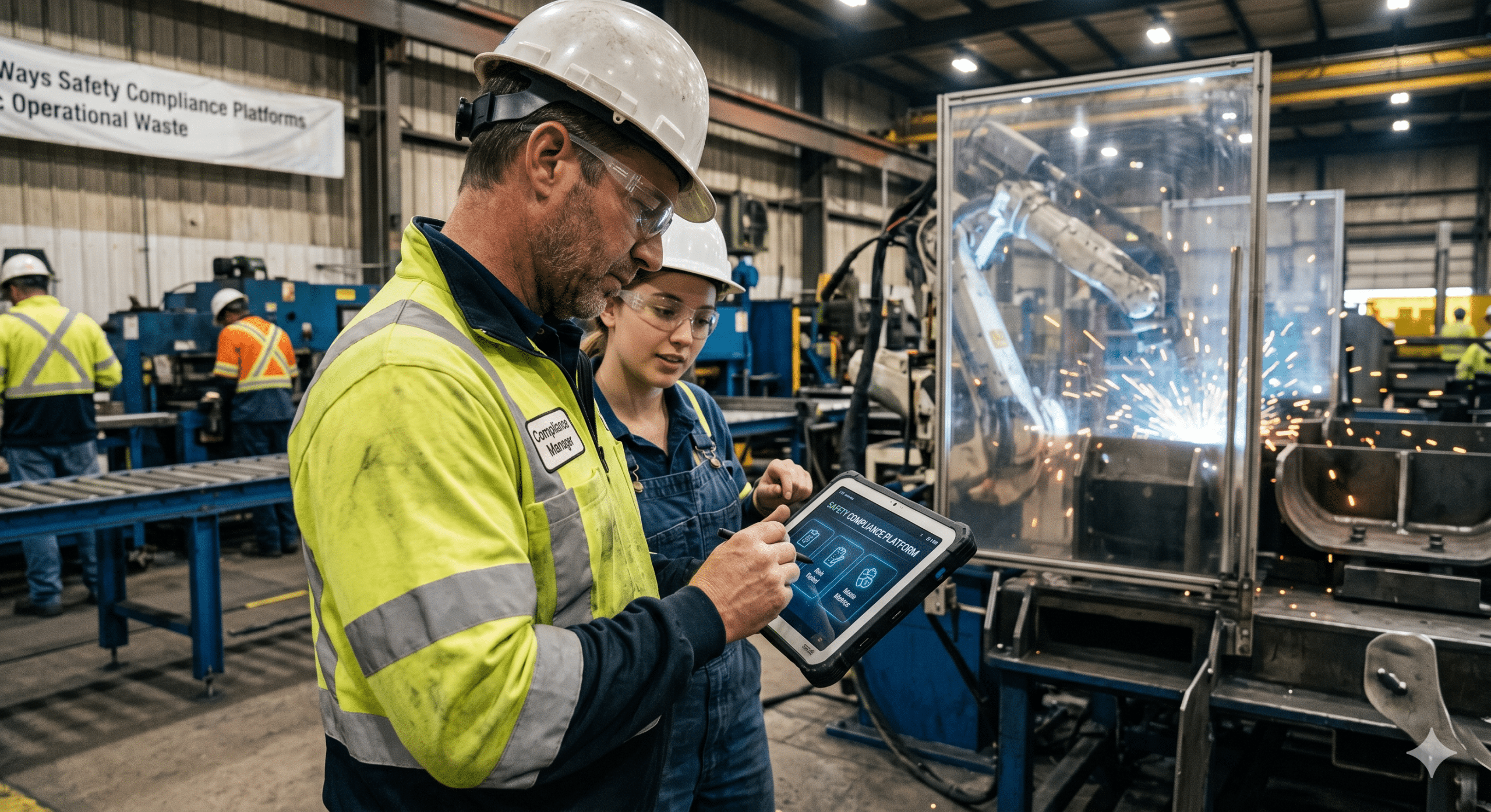 Industrial workers using a digital safety compliance platform on a tablet inside a manufacturing facility to monitor safety, governance, risk management, and operational performance.