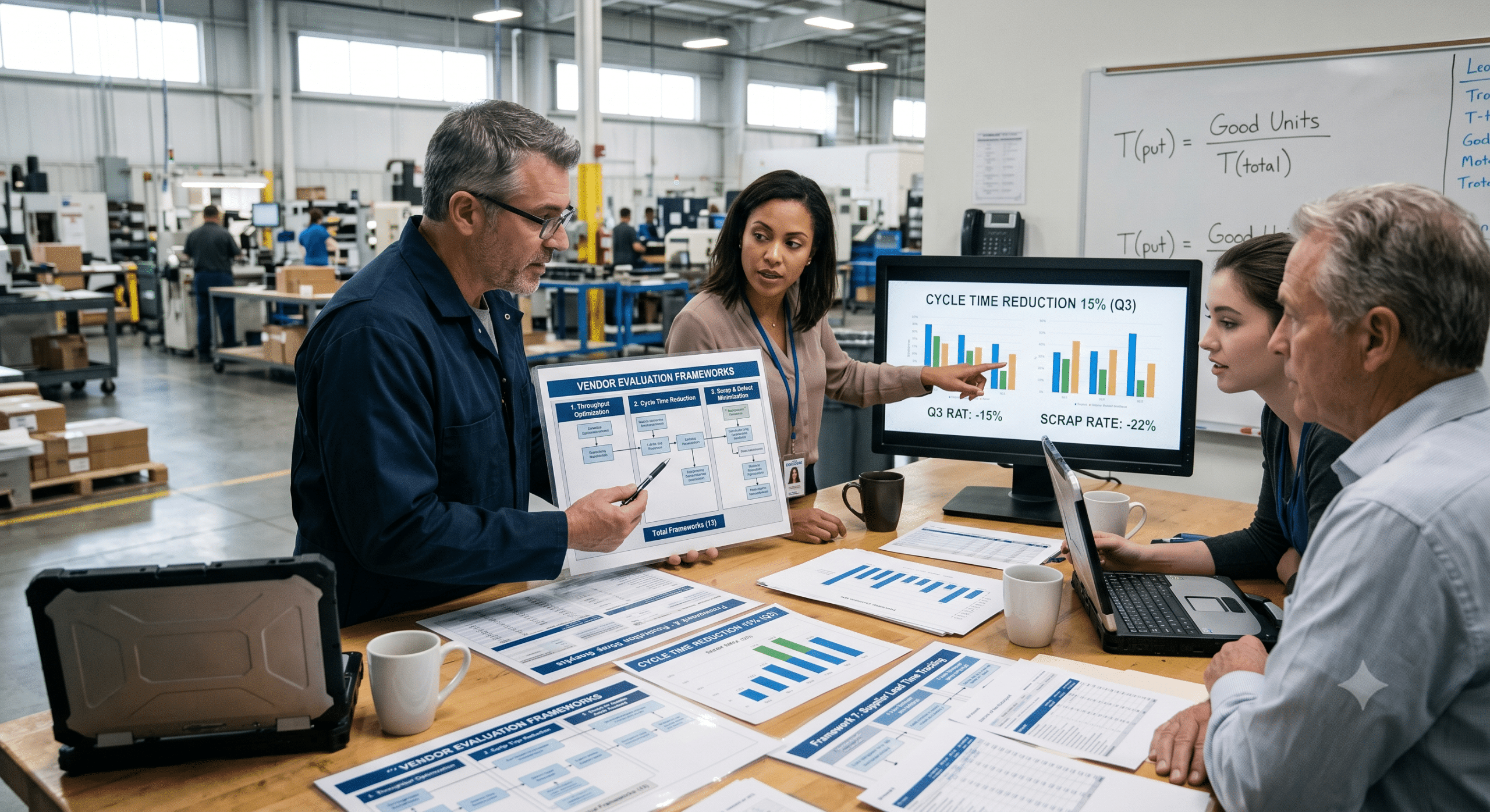 Industrial procurement team using Vendor Evaluation Frameworks to improve supplier performance, reduce cycle time, increase throughput, and lower manufacturing scrap rates.