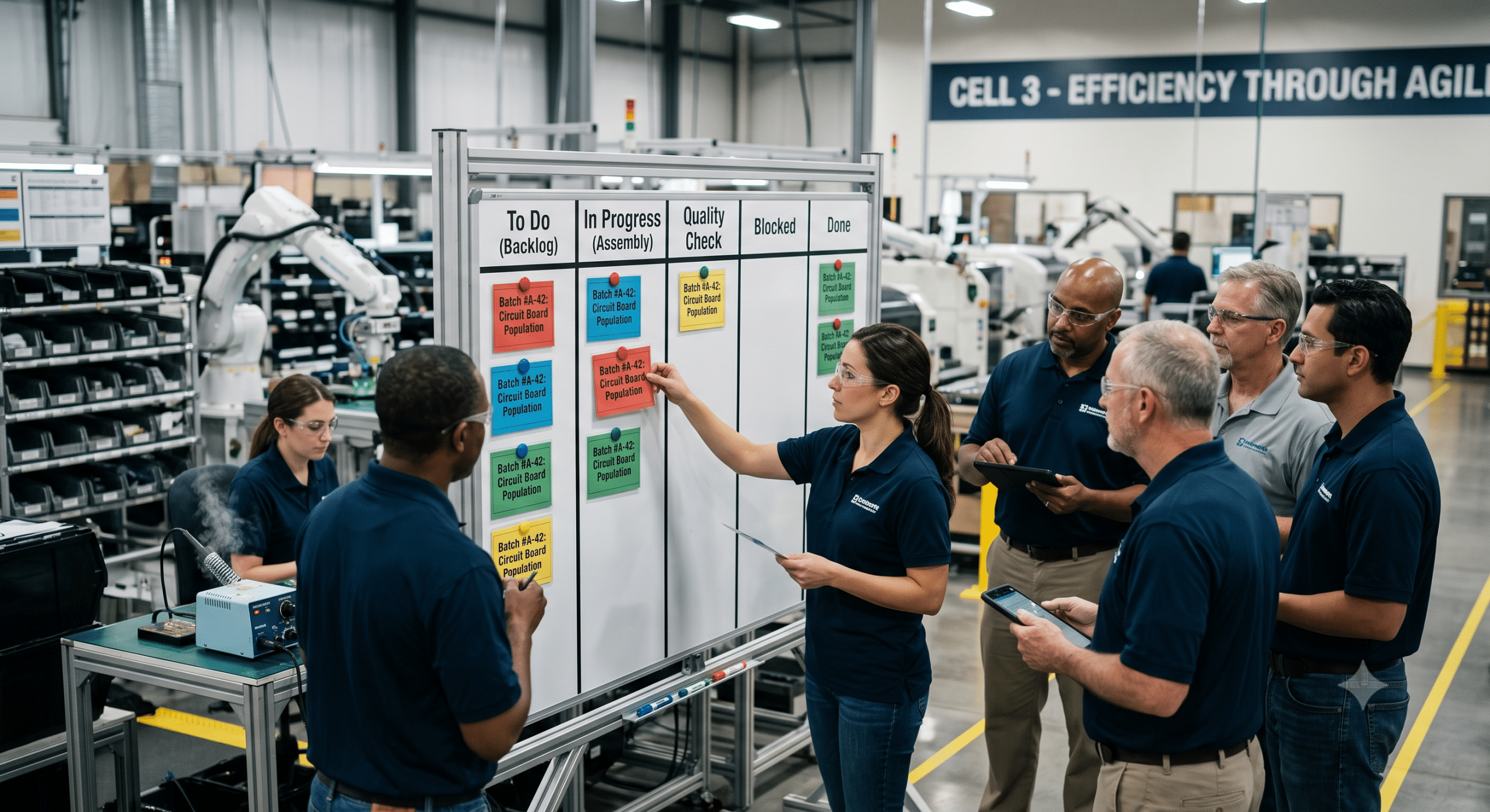 Manufacturing team using Agile in Manufacturing practices with a Kanban board to manage production tasks, improve workflow visibility, and increase operational efficiency.