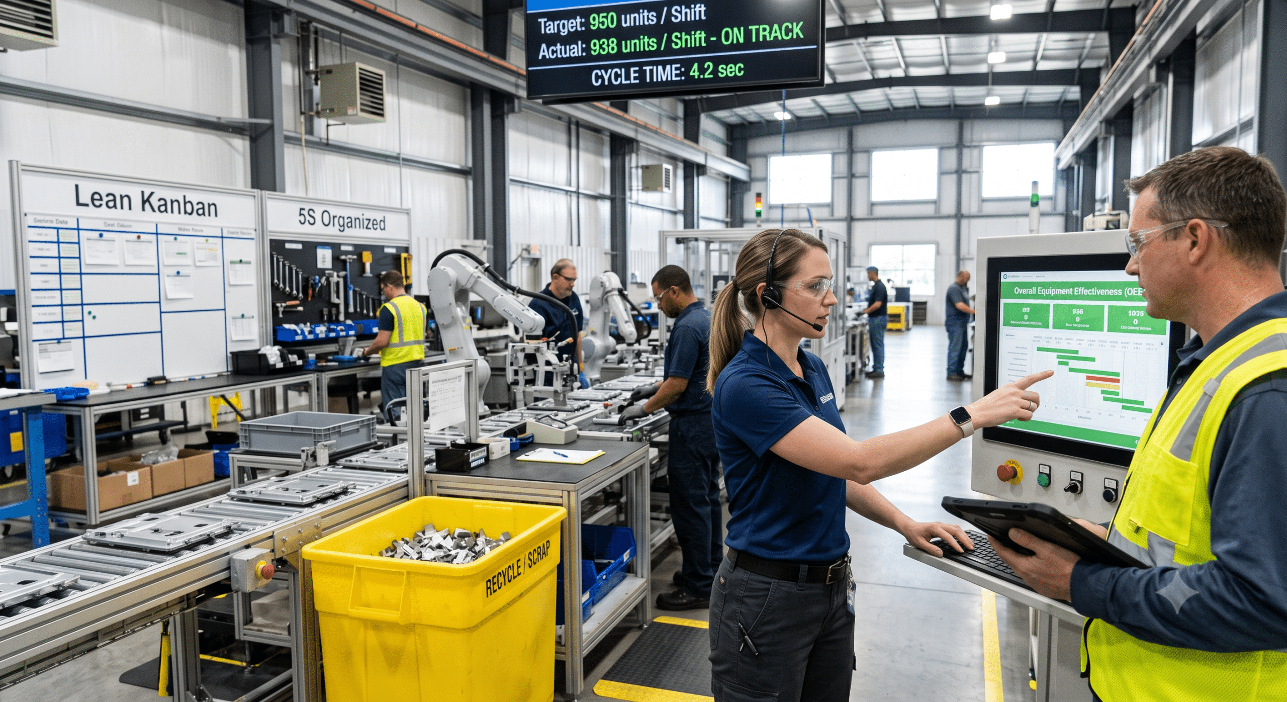 Manufacturing engineers conducting an automation readiness assessment using real-time production dashboards, OEE metrics, and lean manufacturing workflows.