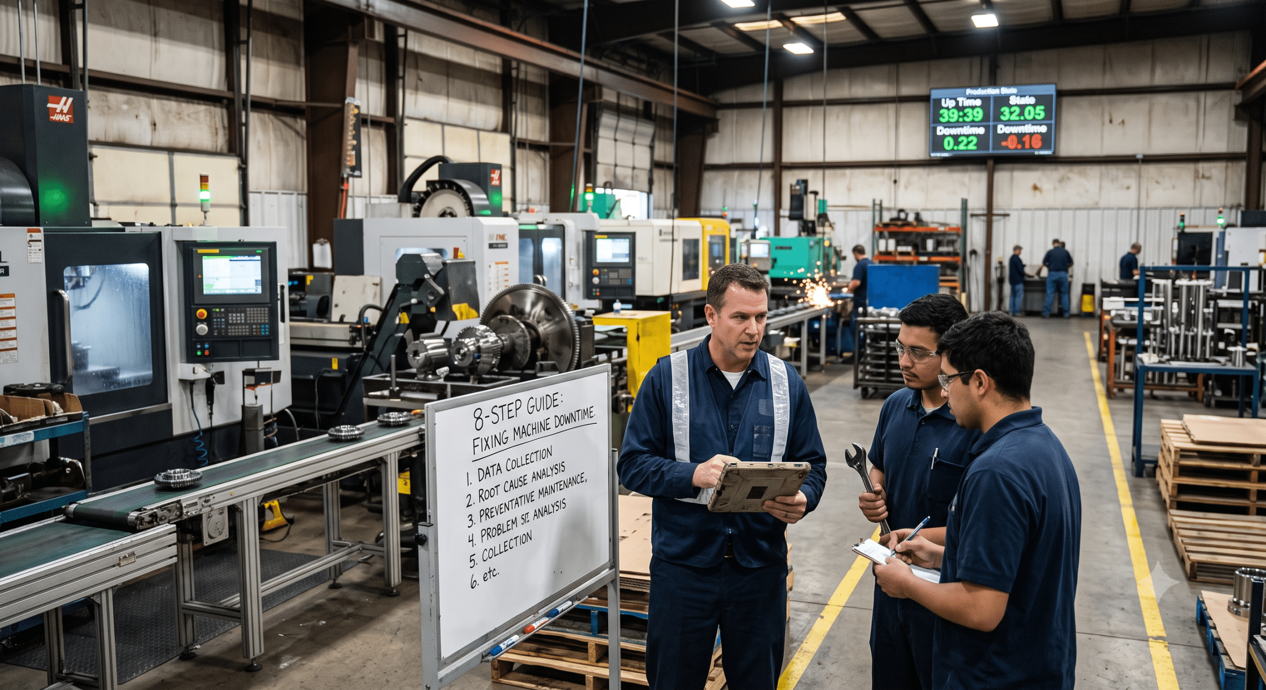 Maintenance team reviewing downtime benchmarks in a manufacturing facility to identify root causes, reduce machine downtime, and improve production efficiency.