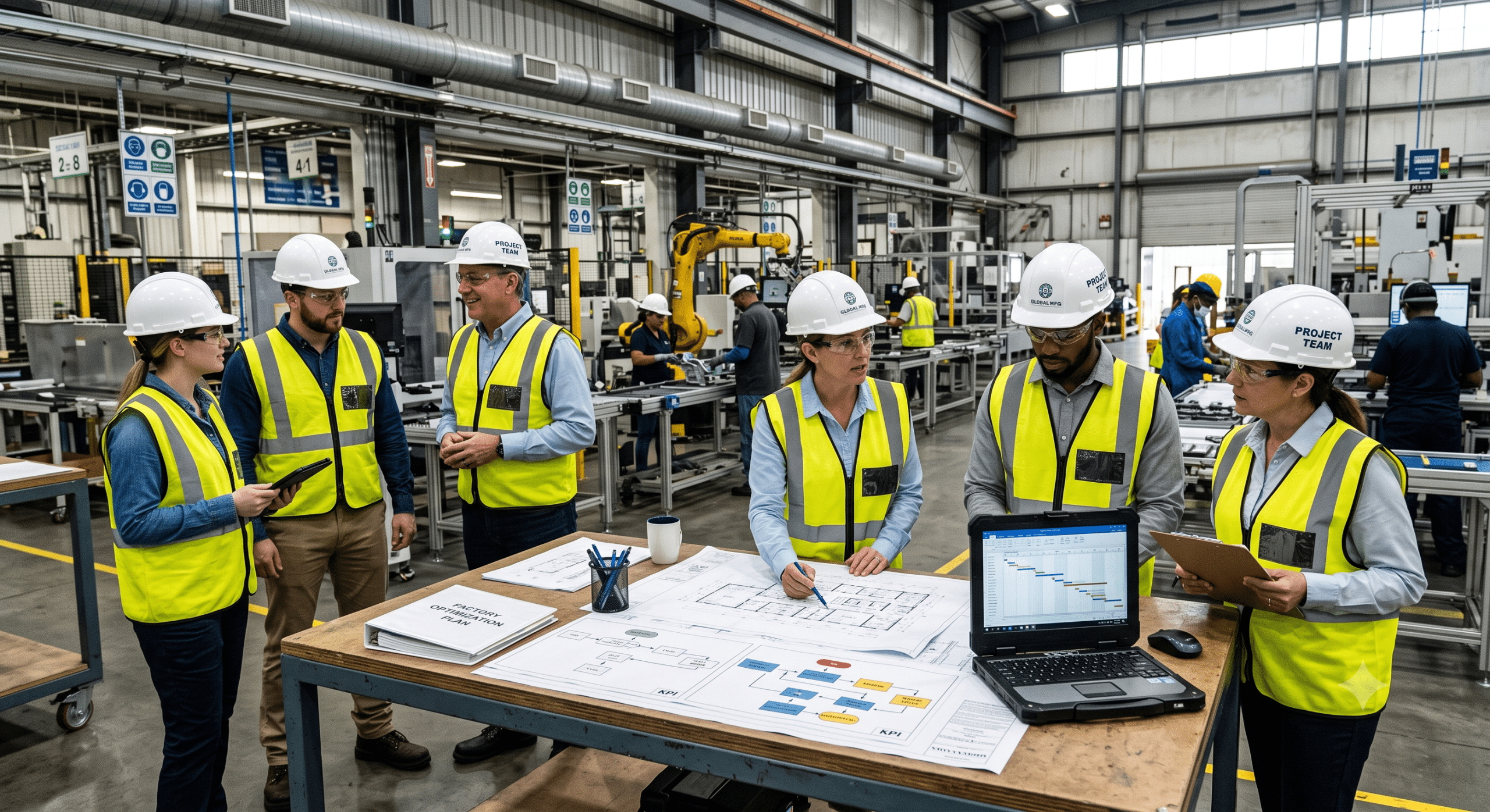 Industrial project management team reviewing PMO structures, project plans, and production schedules inside a modern manufacturing facility.