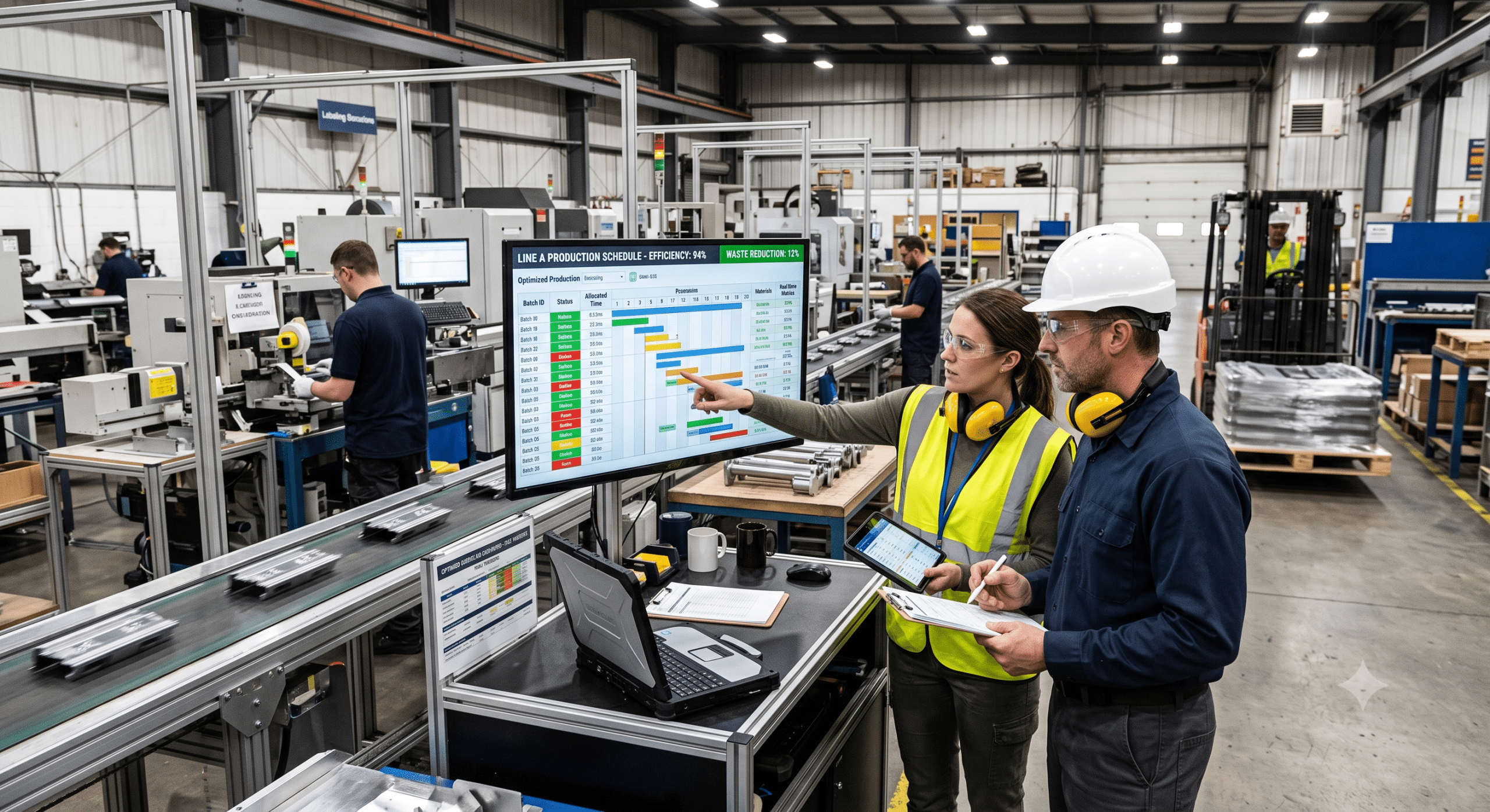 Industrial engineers reviewing industrial scheduling systems on a real-time production dashboard to optimize workflows, improve resource allocation, and increase manufacturing efficiency.