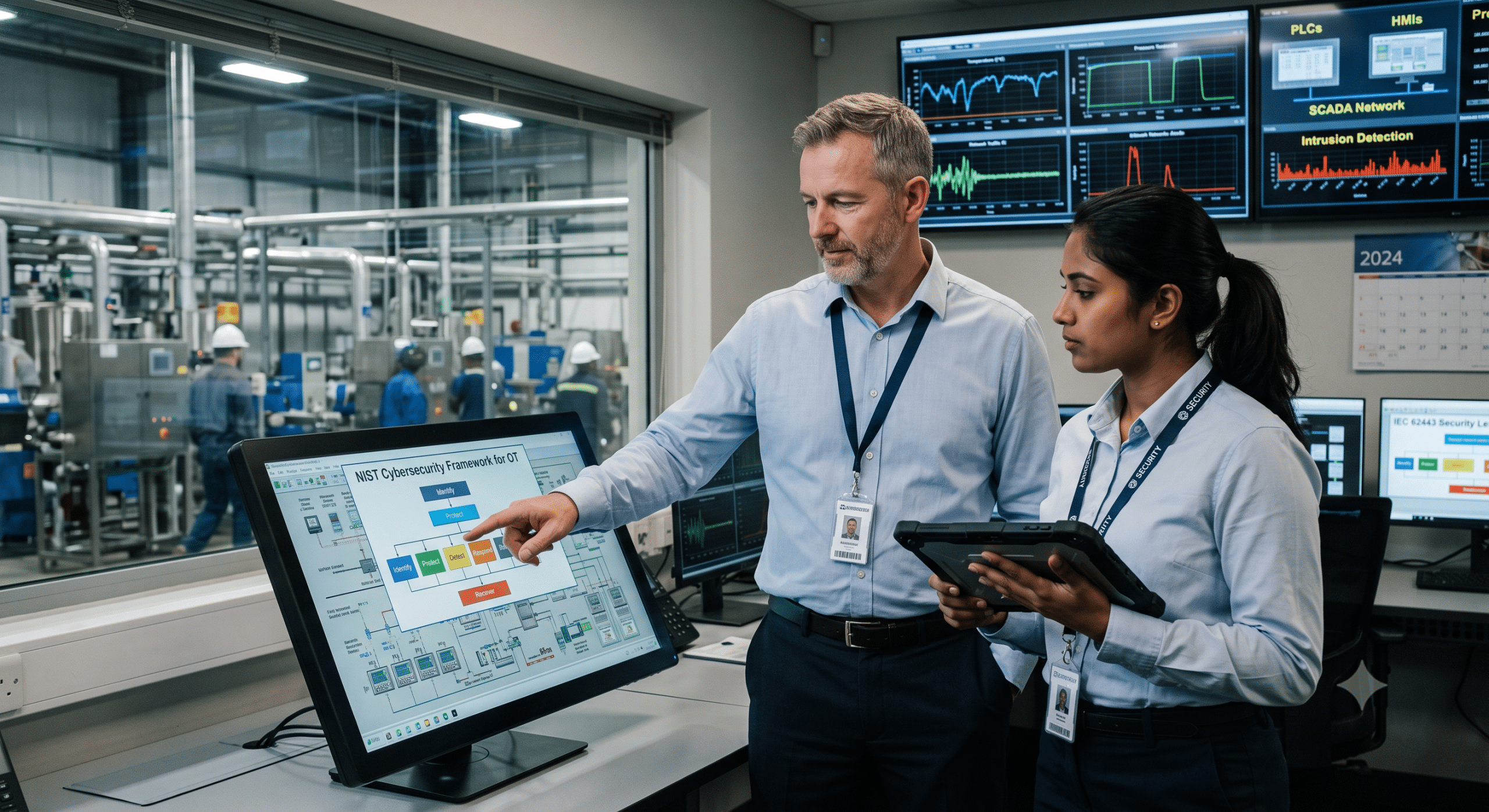 OT Cybersecurity Frameworks implementation in an industrial control room with engineers monitoring SCADA systems and industrial cybersecurity dashboards