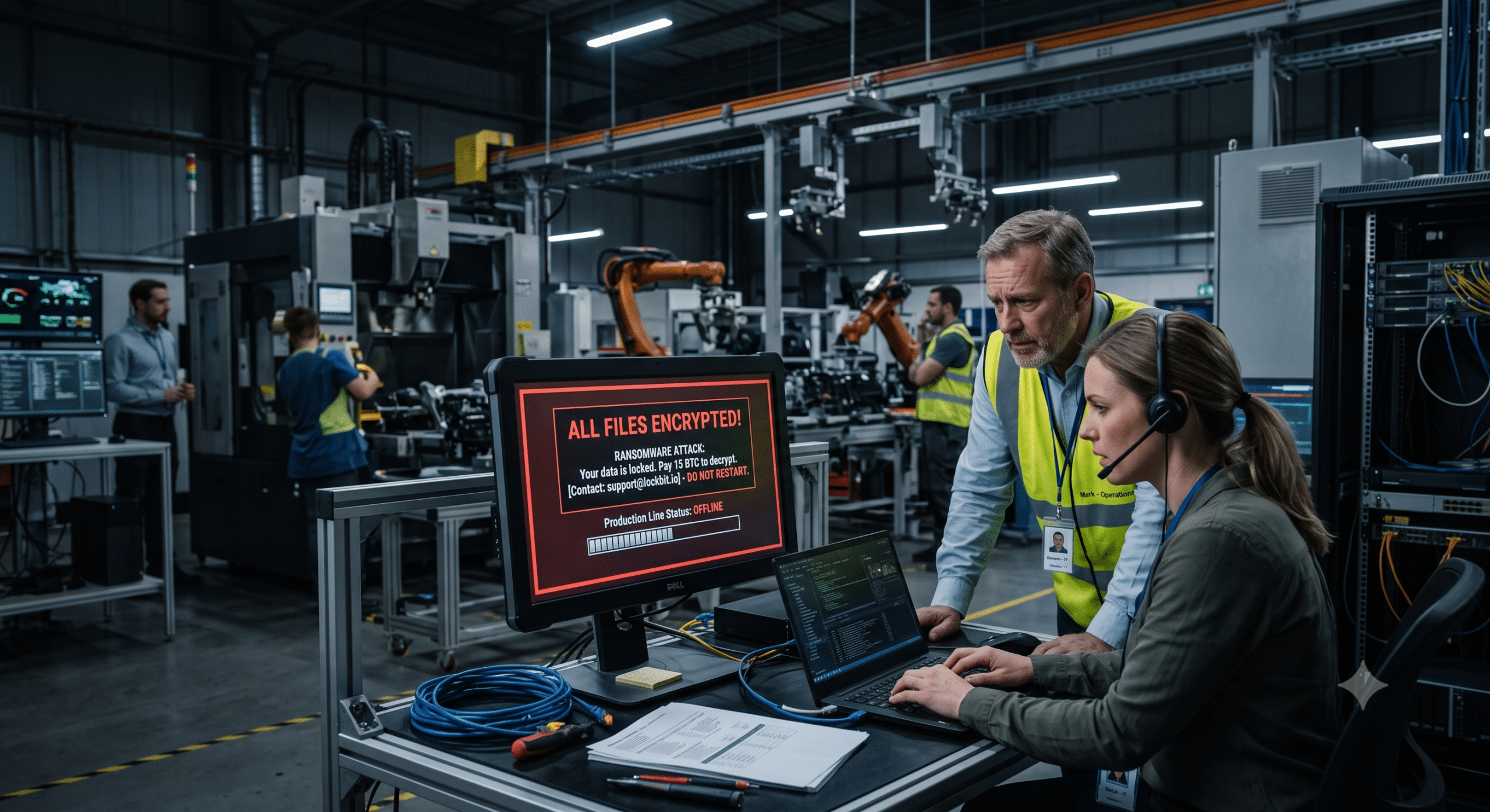 Ransomware in manufacturing attack disrupting industrial production while cybersecurity engineers respond to encrypted factory systems and offline production lines.
