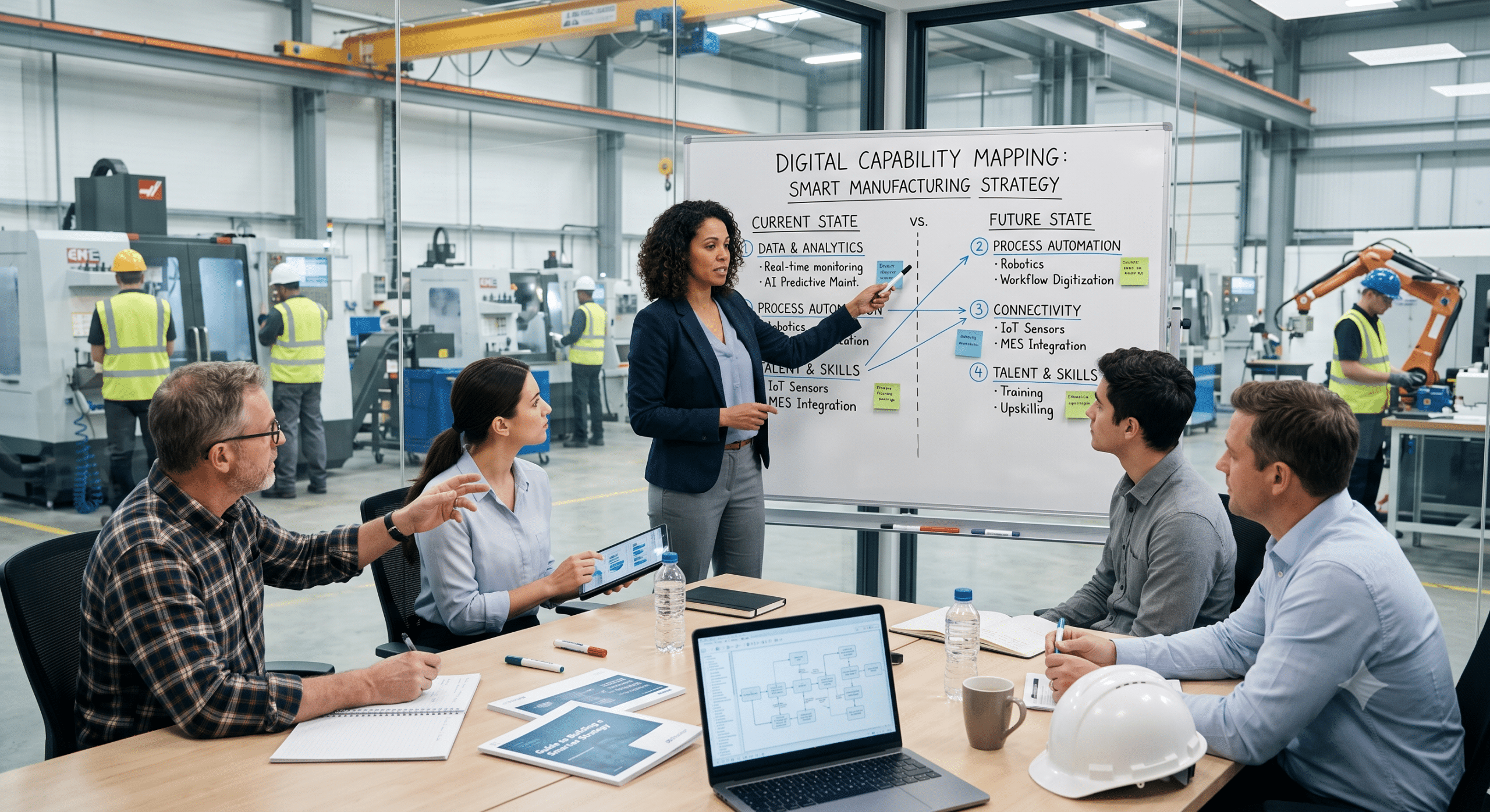 Digital Capability Mapping workshop in a smart manufacturing facility with Industry 4.0 leaders reviewing current and future digital capabilities for factory transformation.