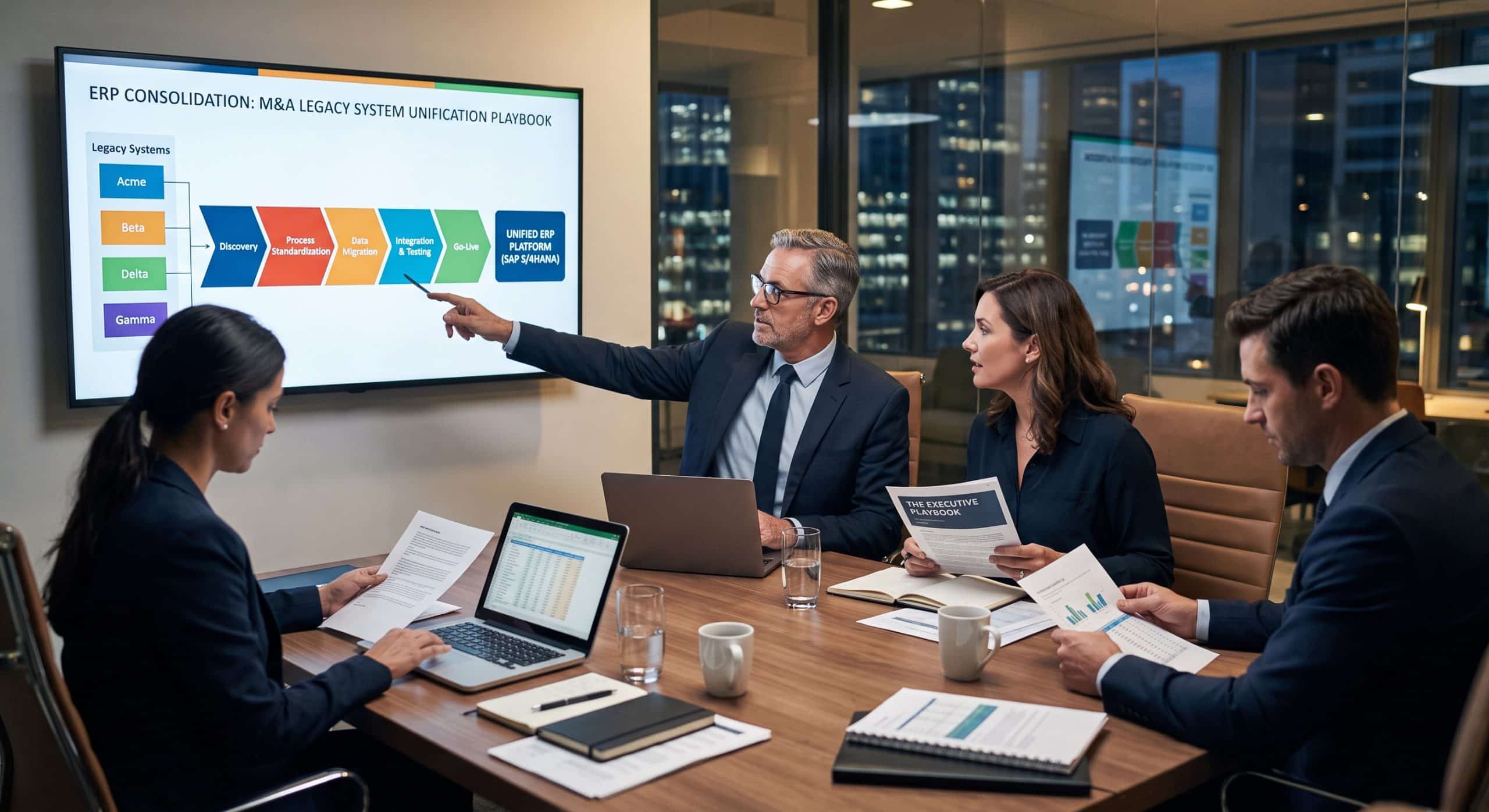 Business executives reviewing an ERP consolidation and M&A legacy system integration strategy