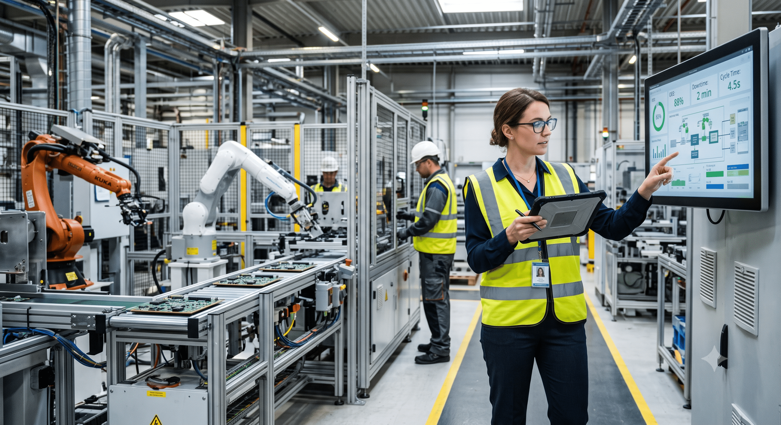 Enterprise Architecture for Industry dashboard displayed in a smart manufacturing factory with industrial robots, engineers, automated production lines, and real-time Industry 4.0 monitoring.