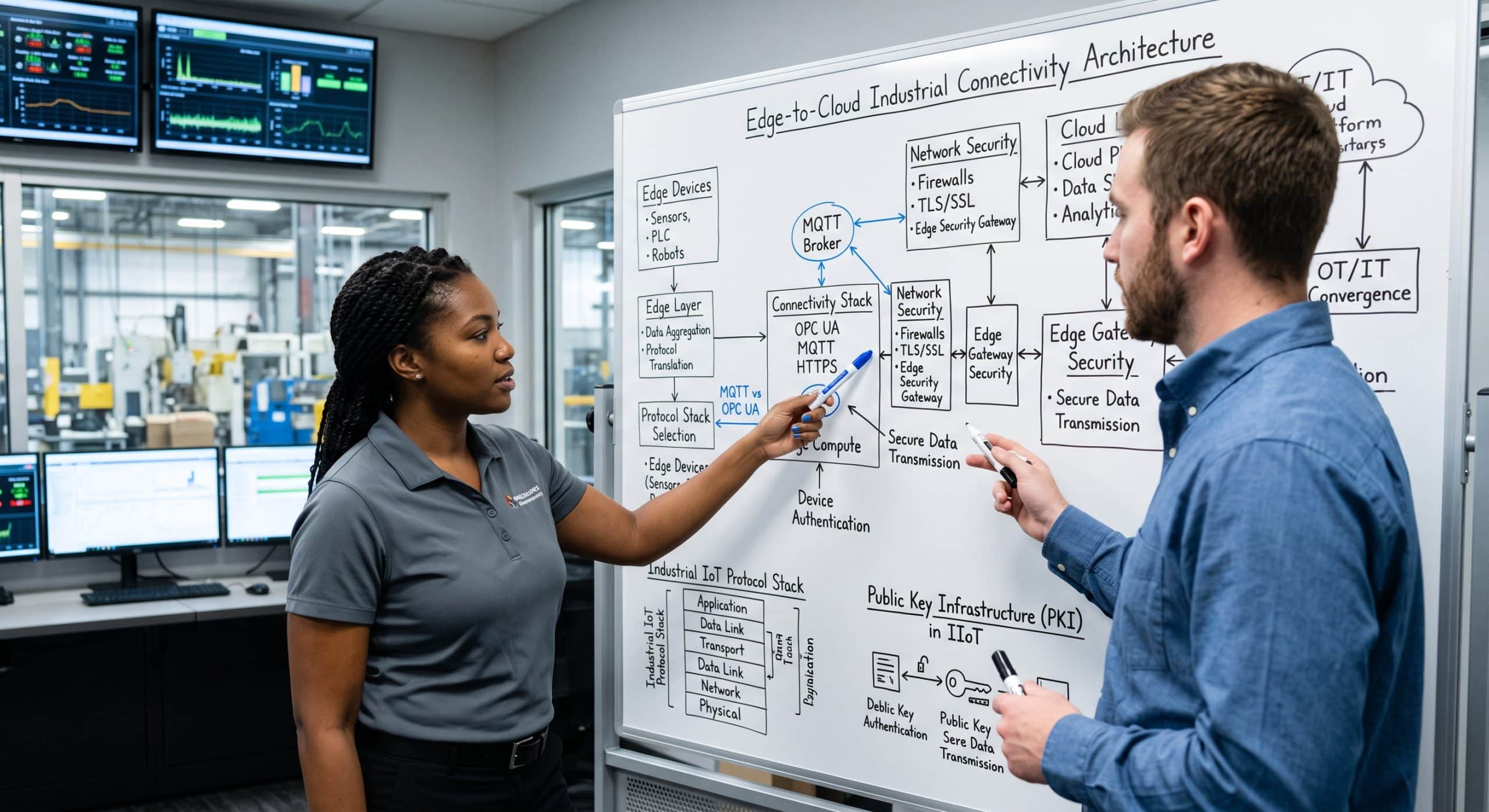 Industrial connectivity architecture diagram showing engineers discussing edge-to-cloud IoT systems