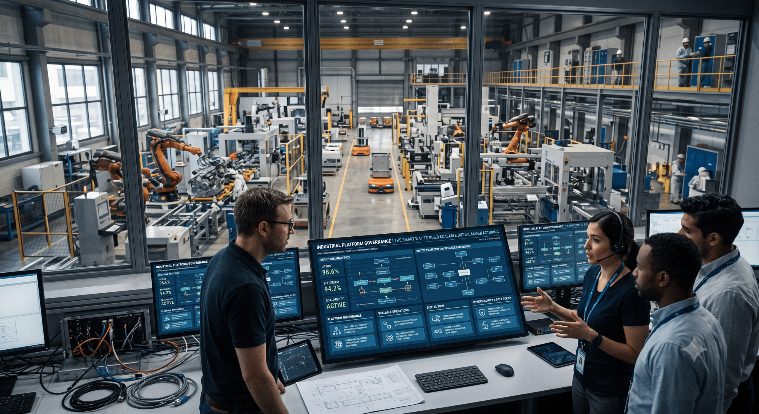 Industrial Platform Governance dashboard monitoring smart factory operations with engineers reviewing digital manufacturing platforms, automation systems, robotics, and real-time production analytics.
