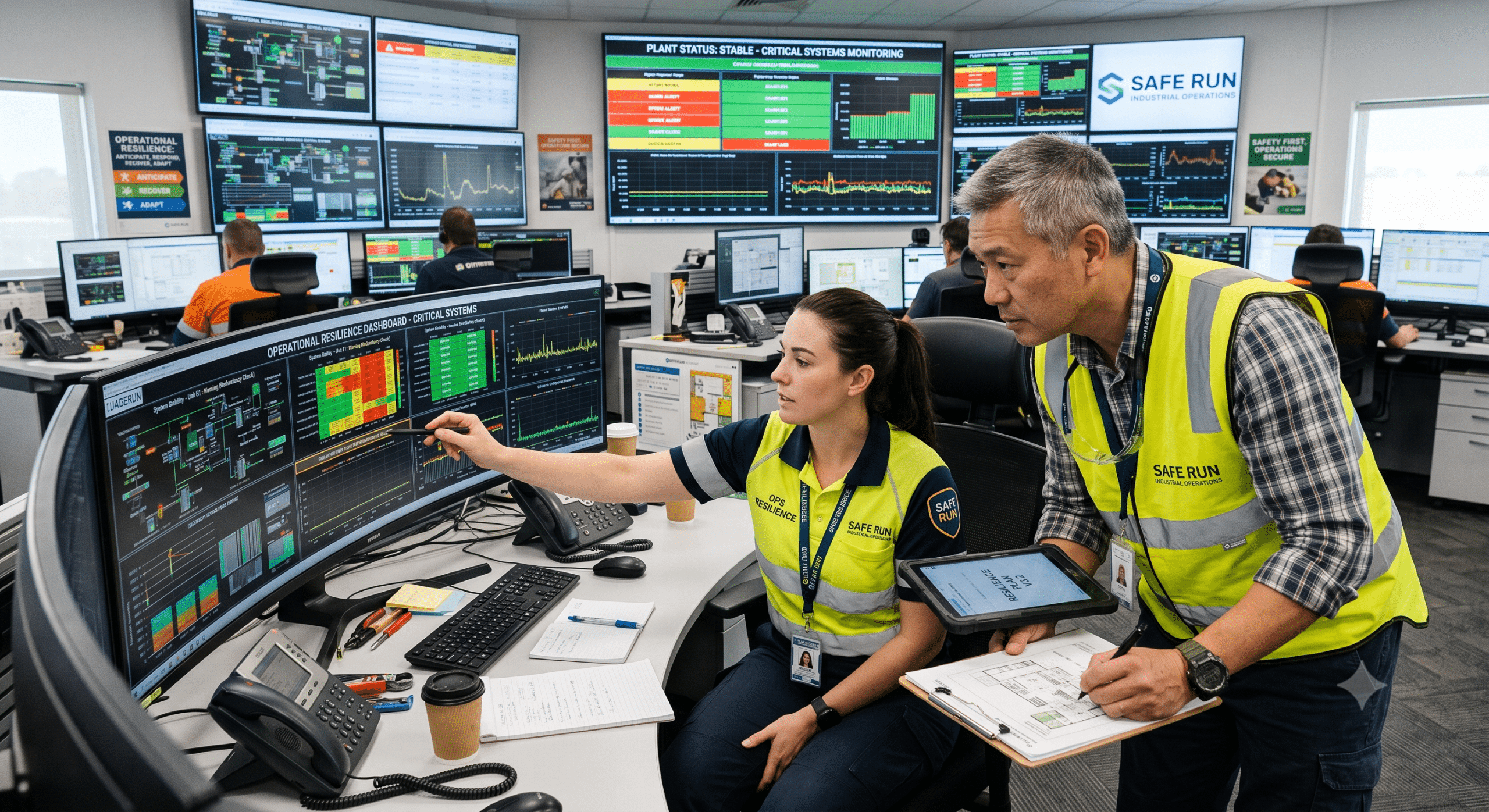 Operational Resilience Engineering dashboard monitoring critical industrial systems in a modern OT security operations center with engineers analyzing SCADA and ICS performance