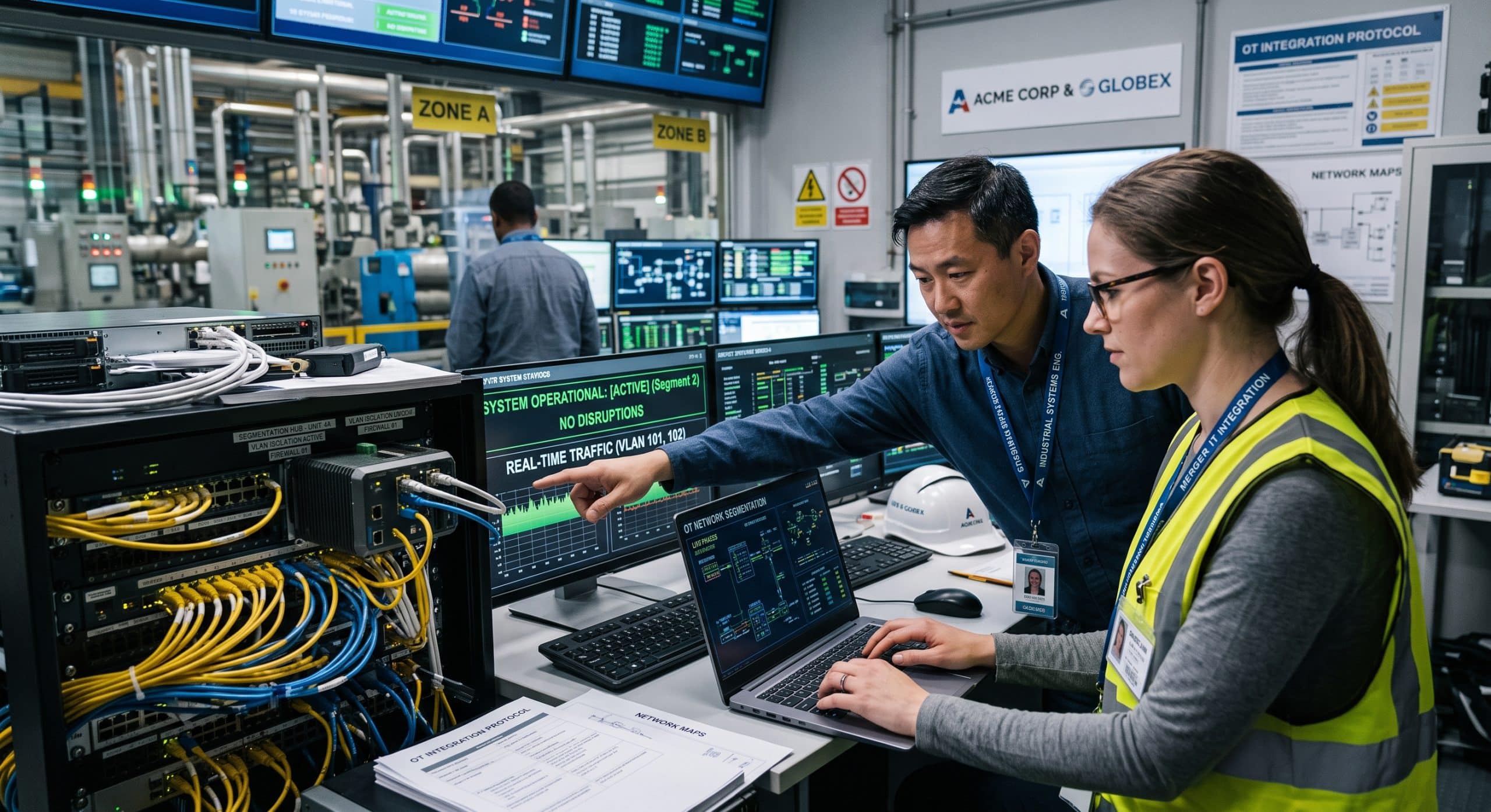 Engineers monitoring post-merger IT and OT network integration with segmented industrial systems and real-time traffic analysis