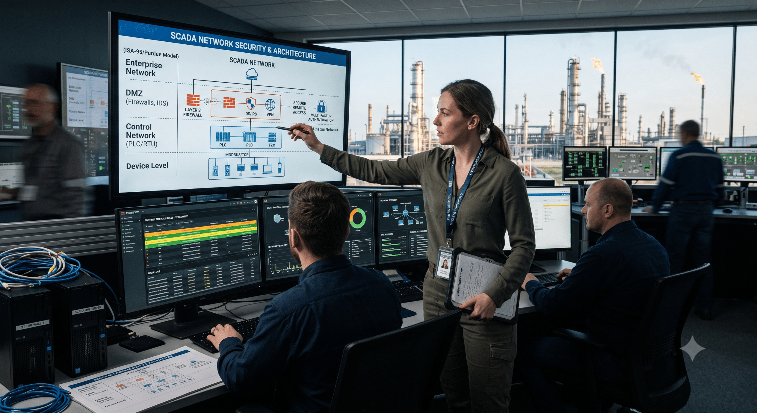 SCADA Security Architecture diagram displayed in an industrial control room as OT security engineers monitor network segmentation, PLCs, firewalls, and secure SCADA operations.