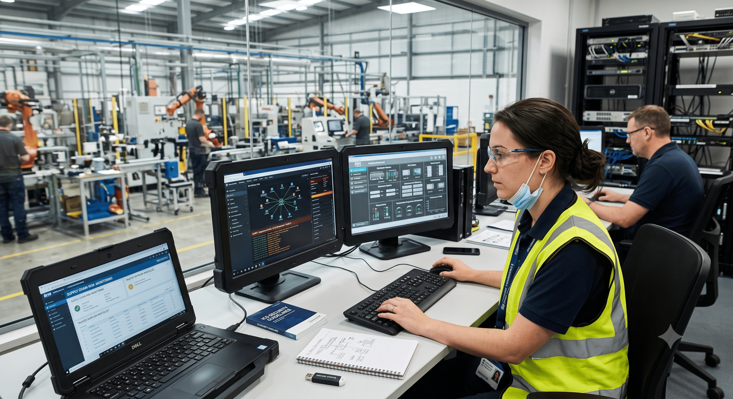 Supply Chain Cyber Risk monitoring in an industrial control room with an OT security engineer reviewing vendor access, cybersecurity dashboards, and manufacturing operations.