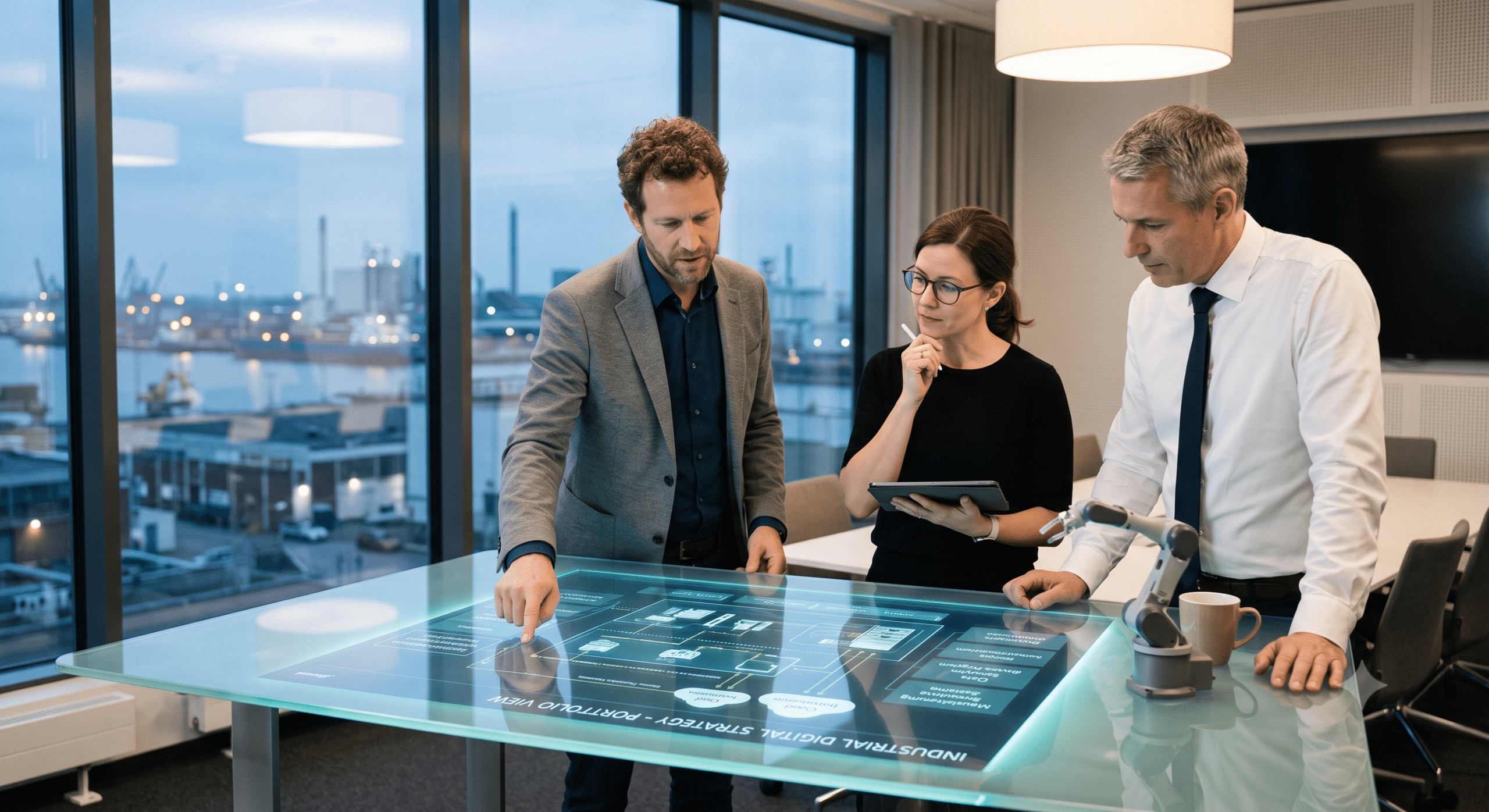 Technology Portfolio Management team reviewing an industrial digital strategy dashboard with smart manufacturing automation and Industry 4.0 planning in a modern conference room