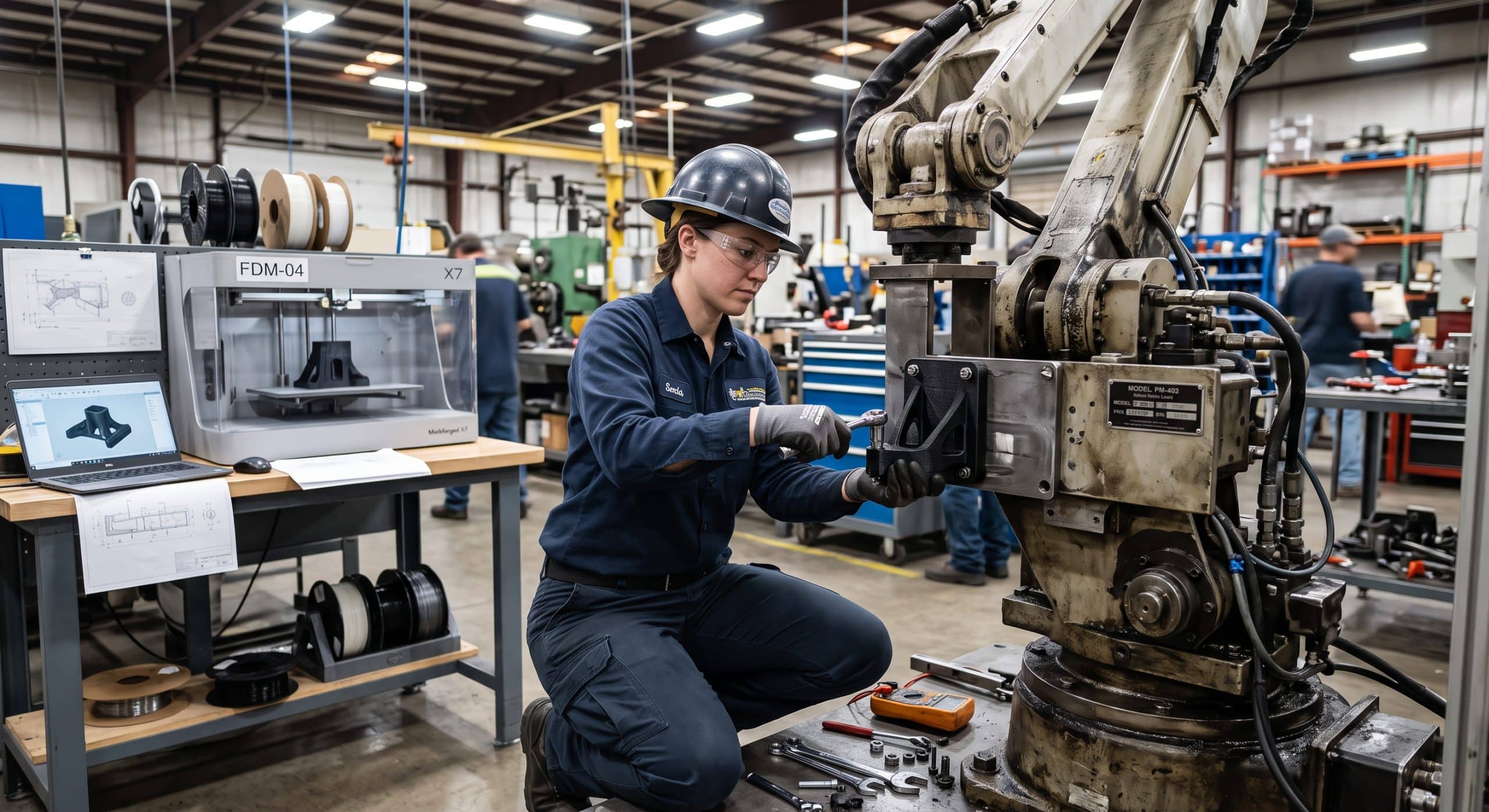 Engineer installing a 3D printed replacement part on industrial machinery