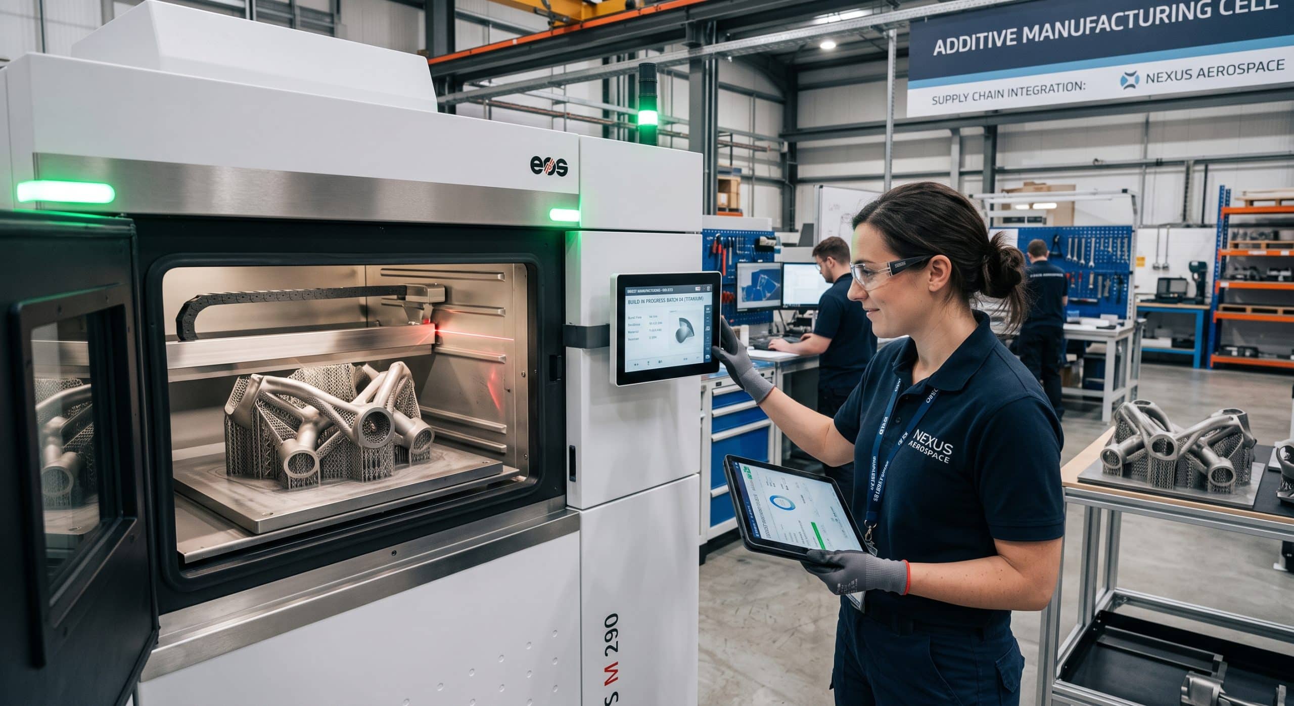 Engineer monitoring industrial 3D printing equipment for additive manufacturing and supply chain production