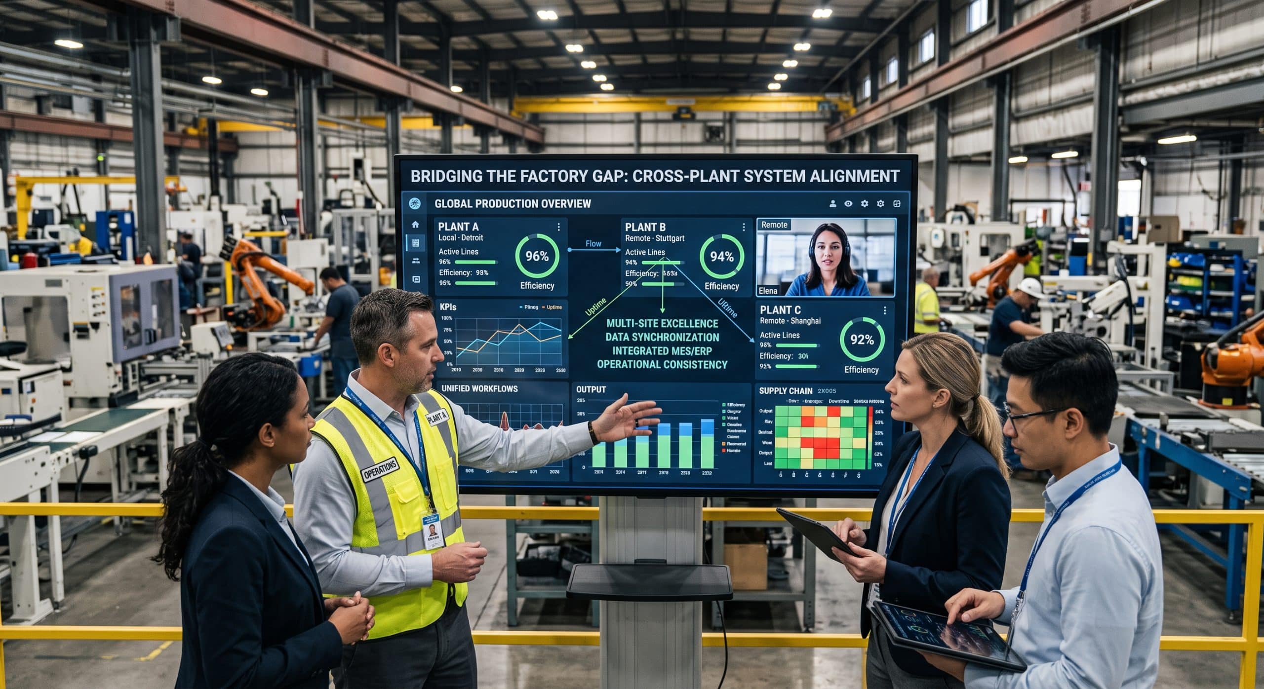 A diverse group of factory professionals stands around a large digital monitor displaying a global manufacturing dashboard. An operations manager in a high-vis vest points to data indicating "Multi-Site Excellence" and "Cross-Plant System Alignment," with metrics for plants in Detroit, Stuttgart, and Shanghai.