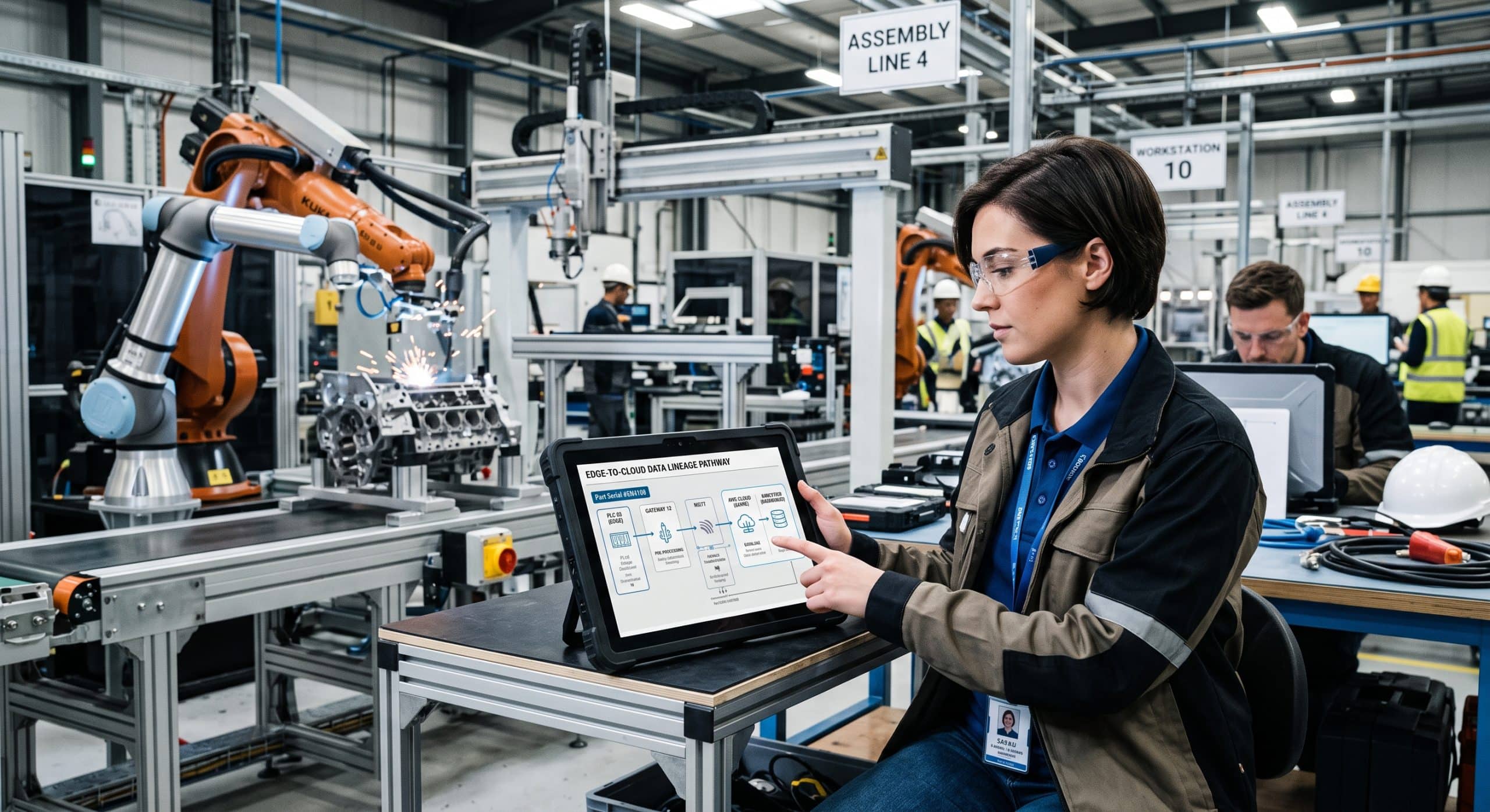 A female engineer in safety gear operates a rugged tablet displaying an "Edge-to-Cloud Data Lineage Pathway" diagram within a smart factory setting. In the background, an industrial robotic arm performs welding operations.