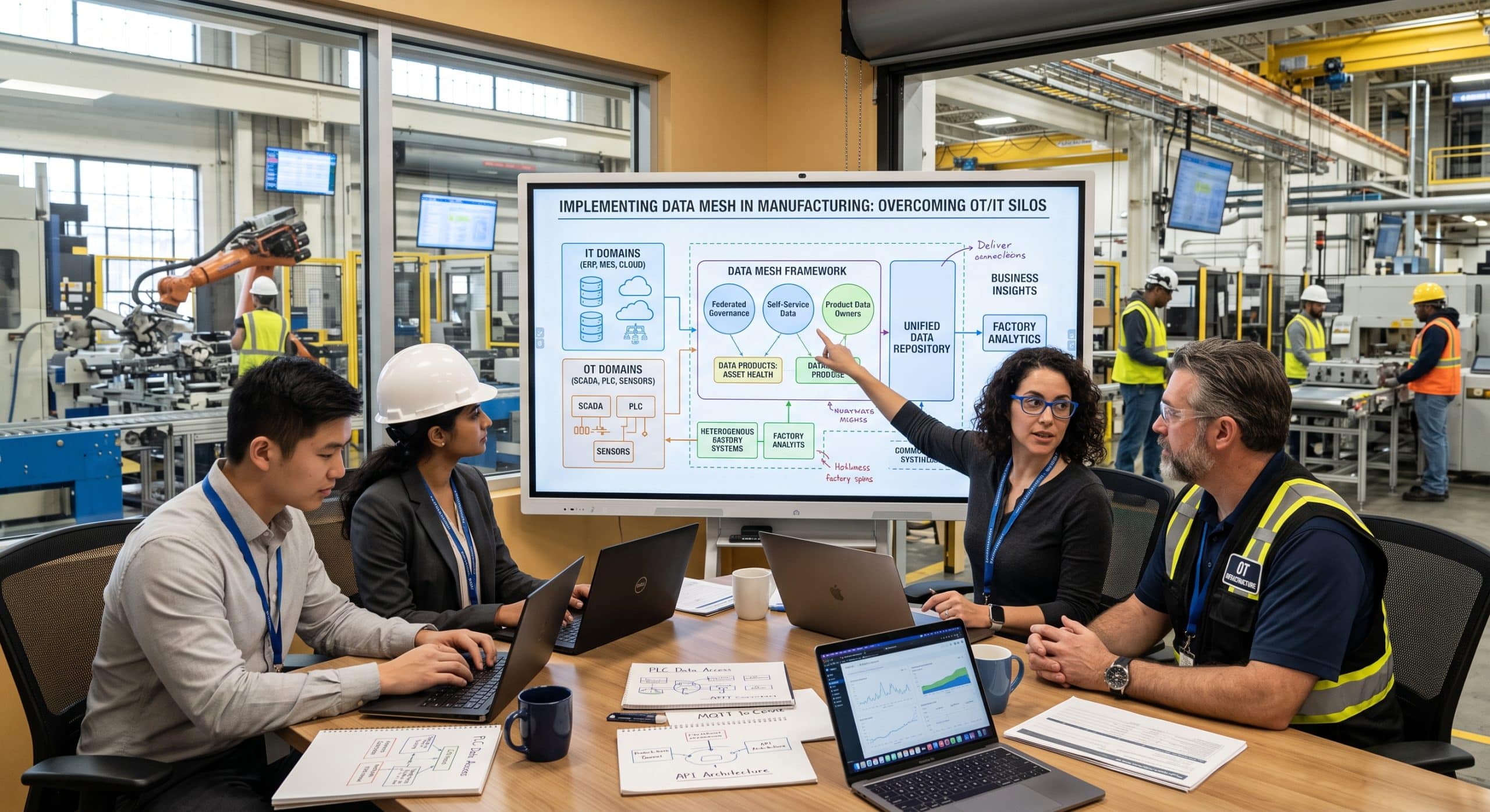 A diverse team in an office, overlooking a robotic factory floor, discusses an interactive smartboard displaying a Data Mesh framework for manufacturing.