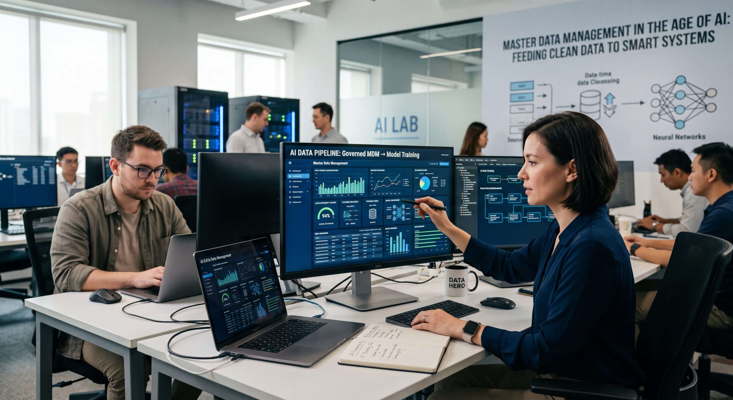 Data team in AI lab using Master Data Management dashboards for governed model training.