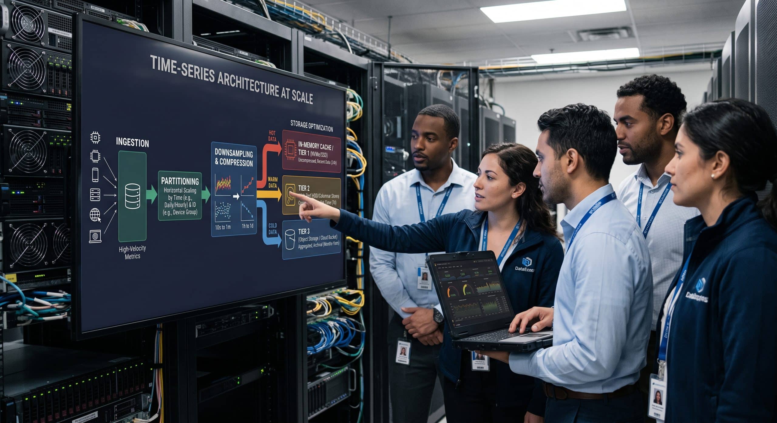 IT professionals analyzing time-series database architecture diagram in data center.