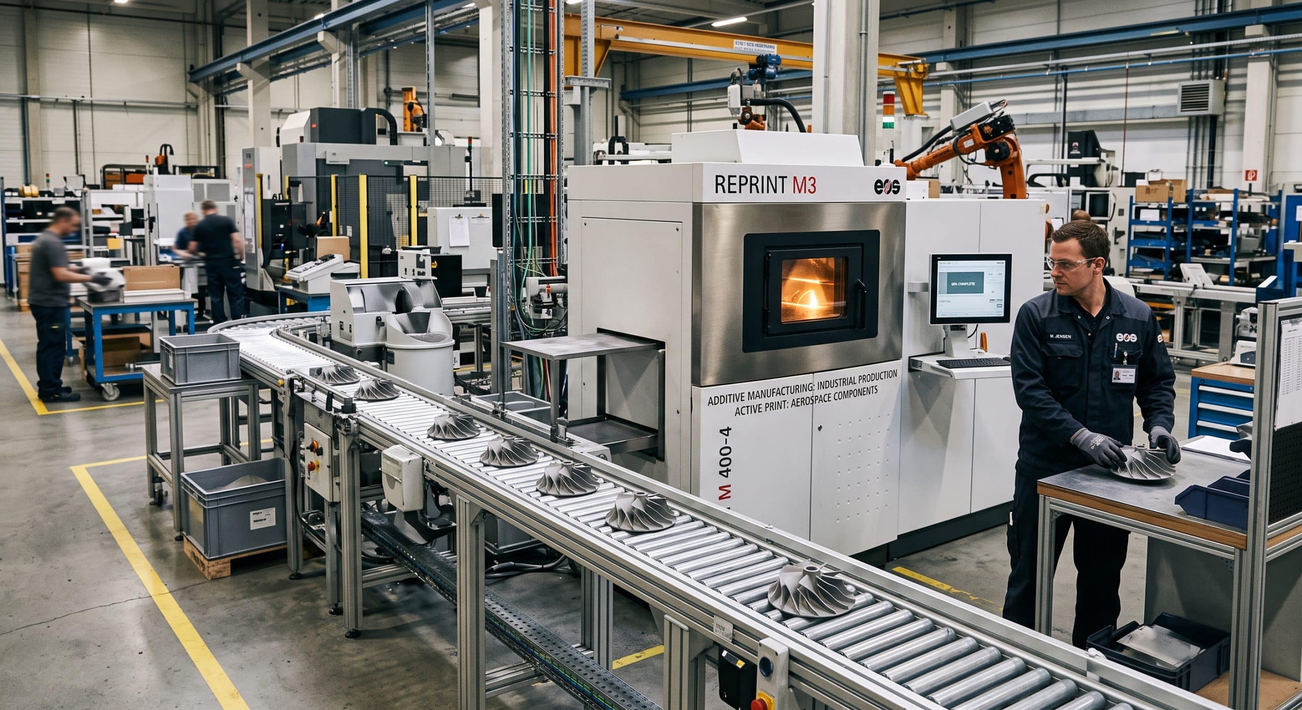 Additive manufacturing machine operating in an industrial production facility with automated conveyor system